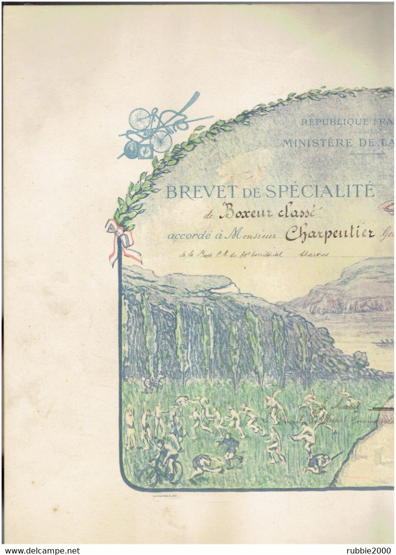 DIPLOME 1920 BREVET DE SPECIALITE BOXEUR BOXE PREPARATION MILITAIRE 30° TERRITORIAL DE CHARTES SIGNE GENERAL VUILLEMOT - Altri & Non Classificati