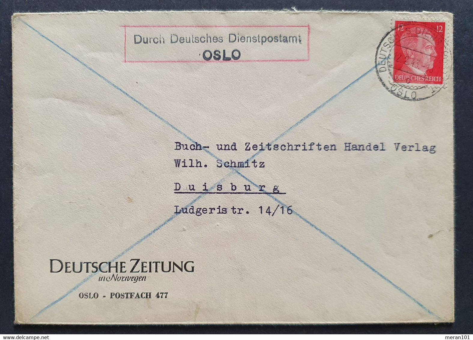 Deutsche Dienstpost OSLO 1943, Bedarfsbrief Oslo Gelaufen Duisburg - Occupation 1938-45