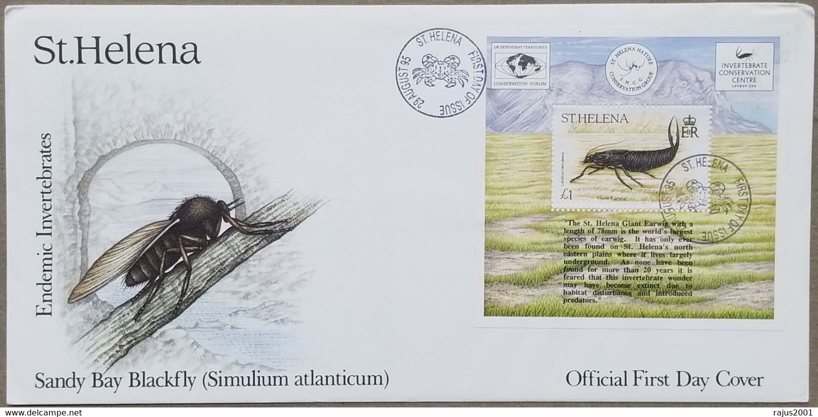 Sandy Bay Black Fly, Blackfly, Giant Earwig, Endemic Invertebrate Species, Insects, Animal, St Helana MS FDC 1995 - Prehistorics