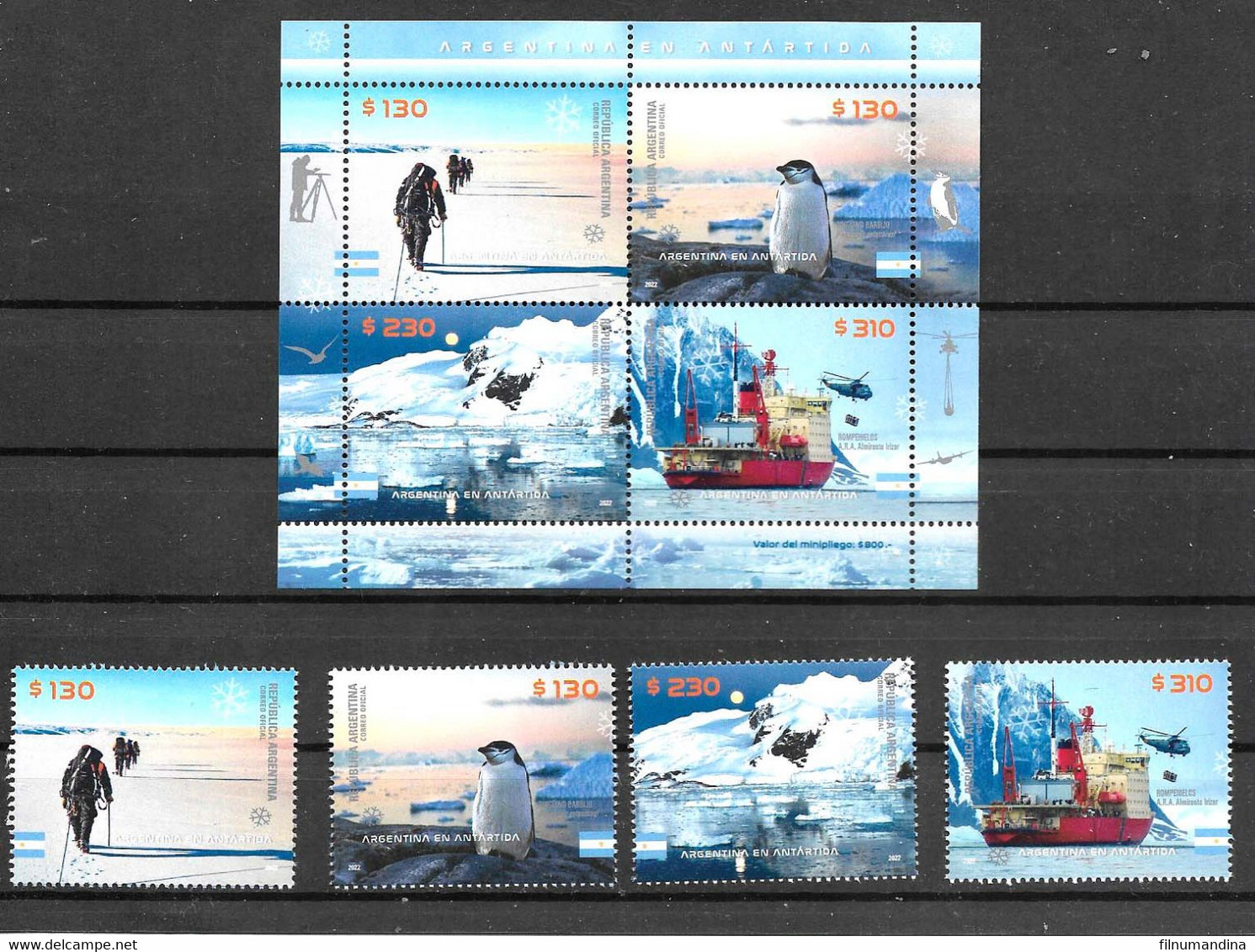 #75126 ARGENTINE,ARGENTINA 2022 ANTARCTICA FAUNA PENGUIN,SHIP ICEBREAKER SET+MINISHEET                              MNH - Fauna Antartica