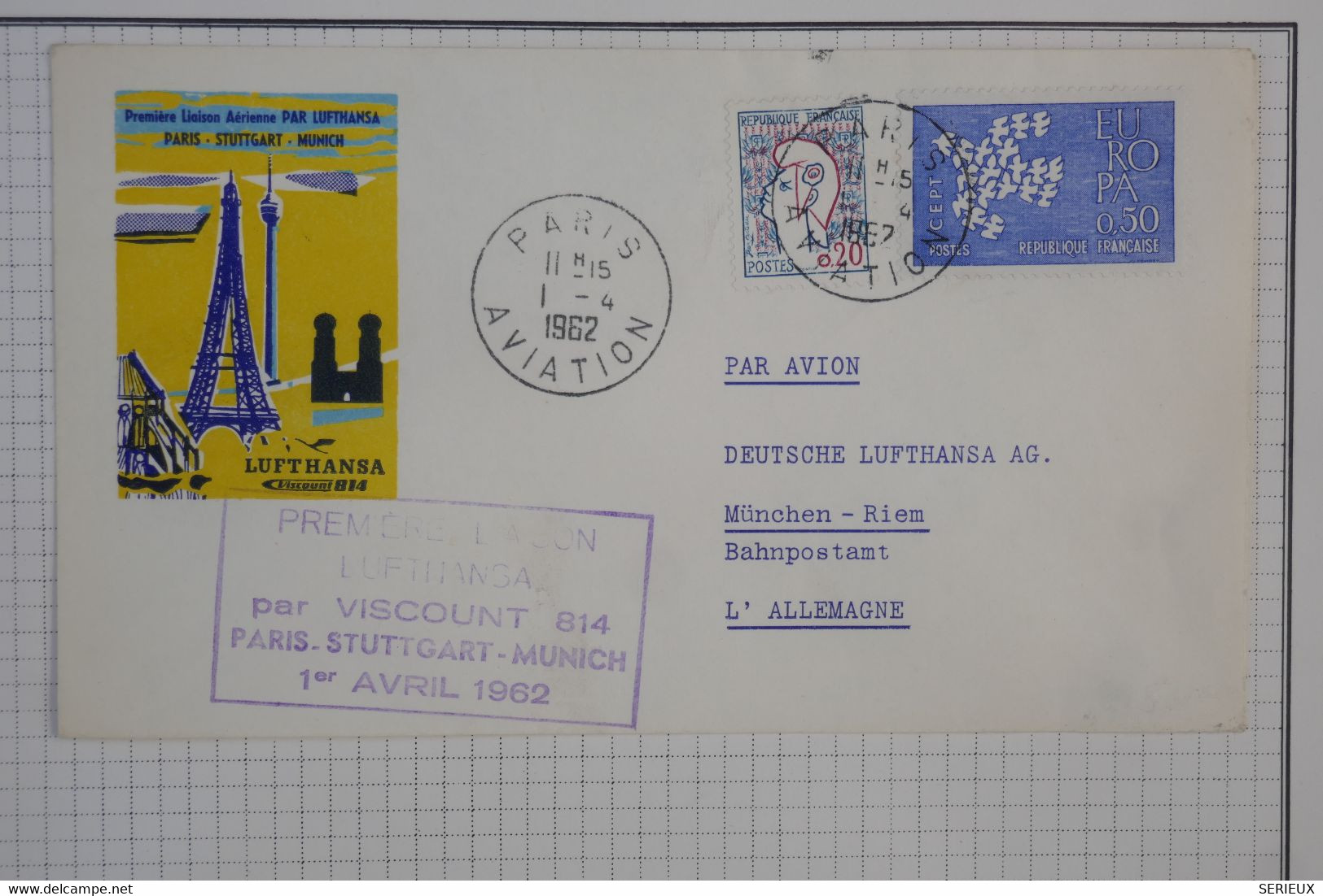 BC1 FRANCE  BELLE LETTRE   1962  AVIATION 1ER VOL LUFTHANSA PARIS A MUNICH GERMANY   ++ +AFFRANCH. INTERESSANT - Premiers Vols