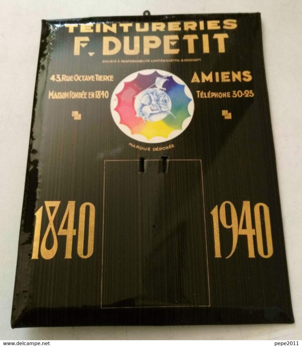 Rare Tôle Publicitaire Sur Carton Glaçoïde, PLV, Support Calendrier - Teintureries F. DUPETIT 43 Rue G. TIERCE à AMIENS - Droguerías