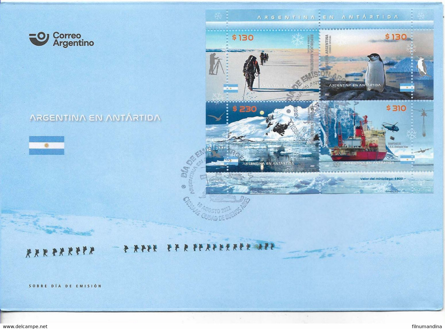 #75129 ARGENTINE,ARGENTINA 2022 ANTARCTICA FAUNA PENGUIN,SHIP ICEBREAKER MINISHEET FDC                            MNH - Faune Antarctique