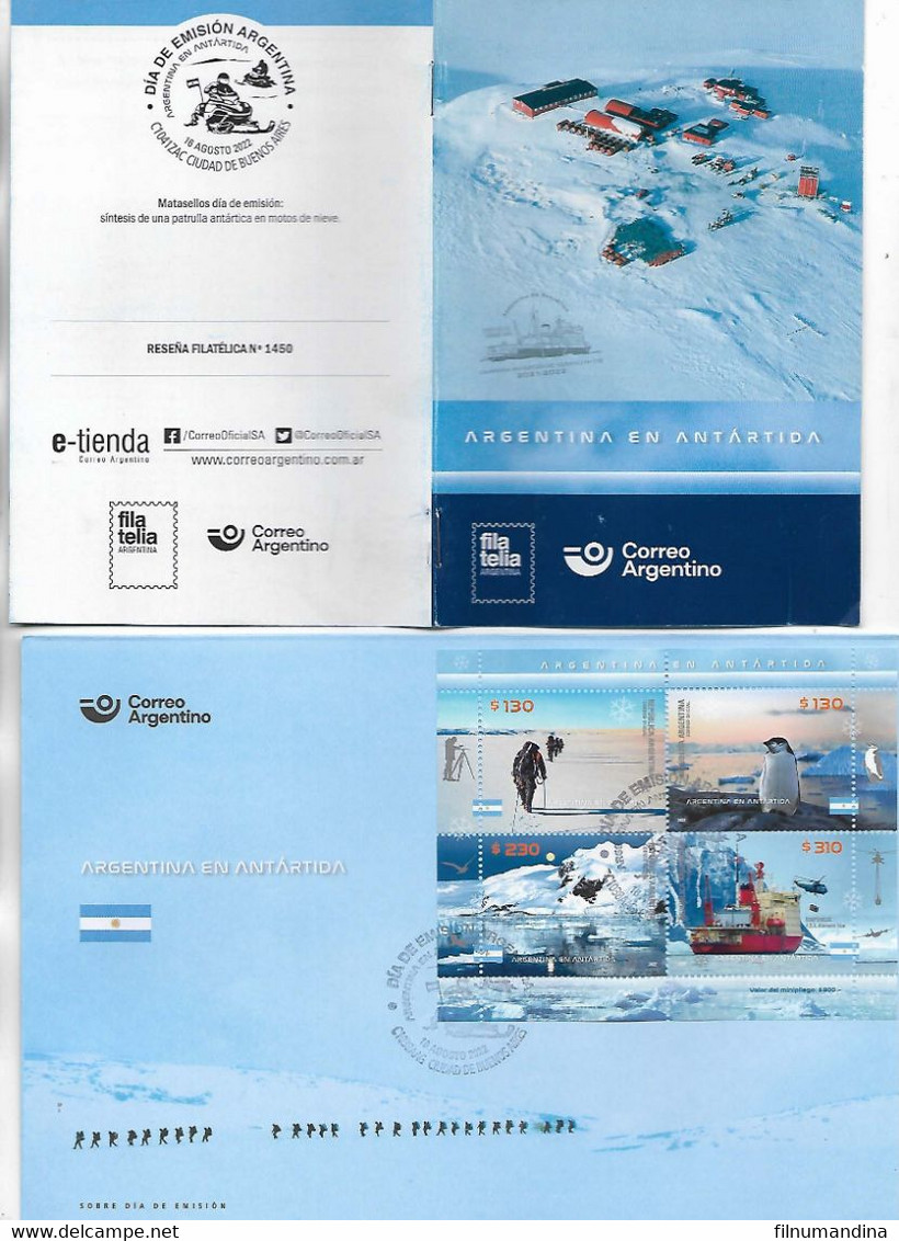 #75130 ARGENTINE,ARGENTINA 2022 ANTARCTICA FAUNA PENGUIN,SHIP ICEBREAKER (2 SCANS)SET+MINISHEET+FDC+FOLLETO - Antarctic Wildlife