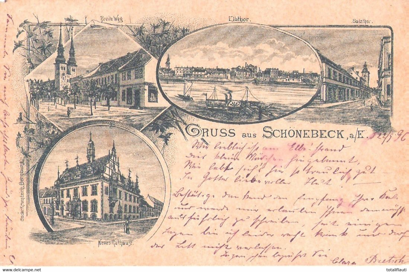 Gruss Aus SCHÖNEBECK Elbe Vorläufer LithoBreite Weg Elbthor Salzthor Gelaufen 22.9.1896 - Schoenebeck (Elbe)