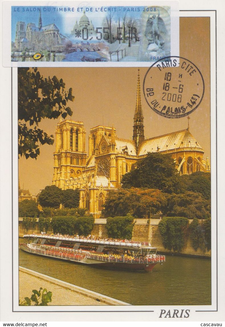 Carte  Maximum  Vignette  LISA   FRANCE   Salon  Du  Timbre  Et  De  L' Ecrit   Cathédrale  NOTRE  DAME   PARIS   2008 - 1999-2009 Abgebildete Automatenmarke