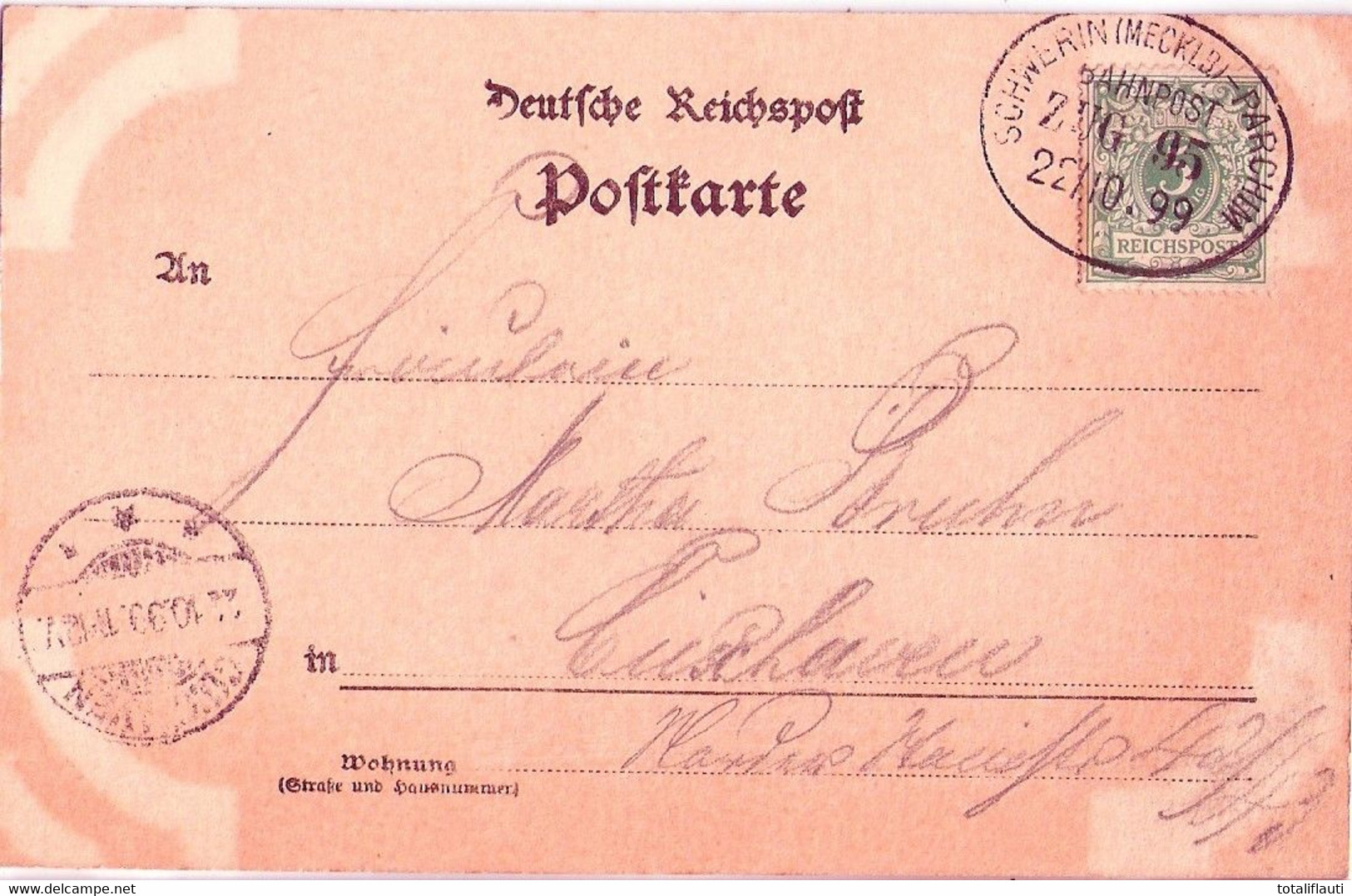 PARCHIM Mecklenburg Eldepartie Belebt Gelaufen Mit Deutlichem Bahnpoststempel -SCHWERIN ZUG 95 22.10.1899 - Parchim