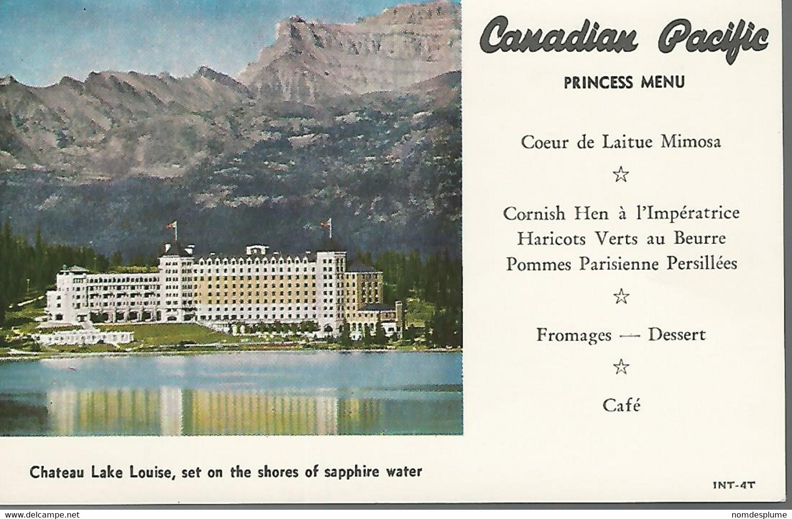 59166 ) Canada Alberta Chateau Lake Louise Canadian Pacific Princess Menu - Lac Louise