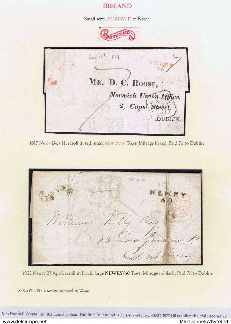 Ireland Down Distinctive Tiny Scroll POST-PAID Of Newry F/K 294,1817 In Red, 1822 In Black On Covers To Dublin - Préphilatélie