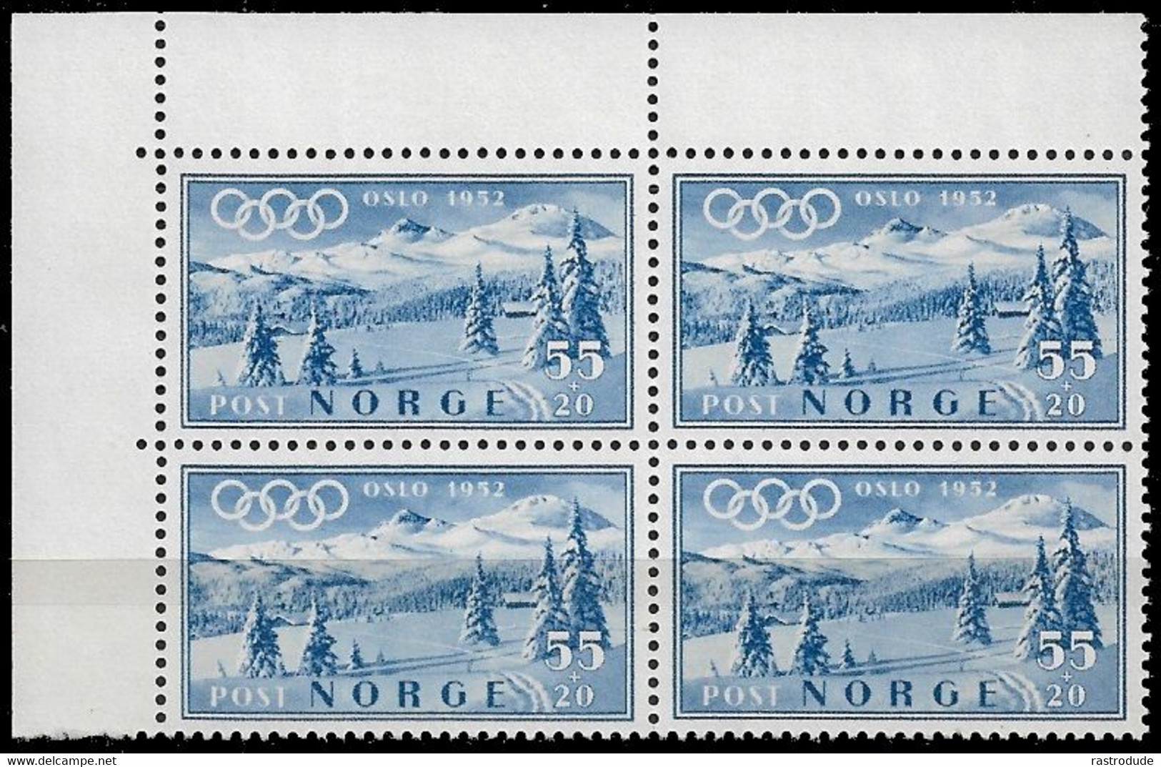 1952 NORWAY NORWEGEN 55+20Ø  BLOCK OF 4 MNH - Mi.Nr. 374  OLYMPIC WINTER GAMES - Ongebruikt