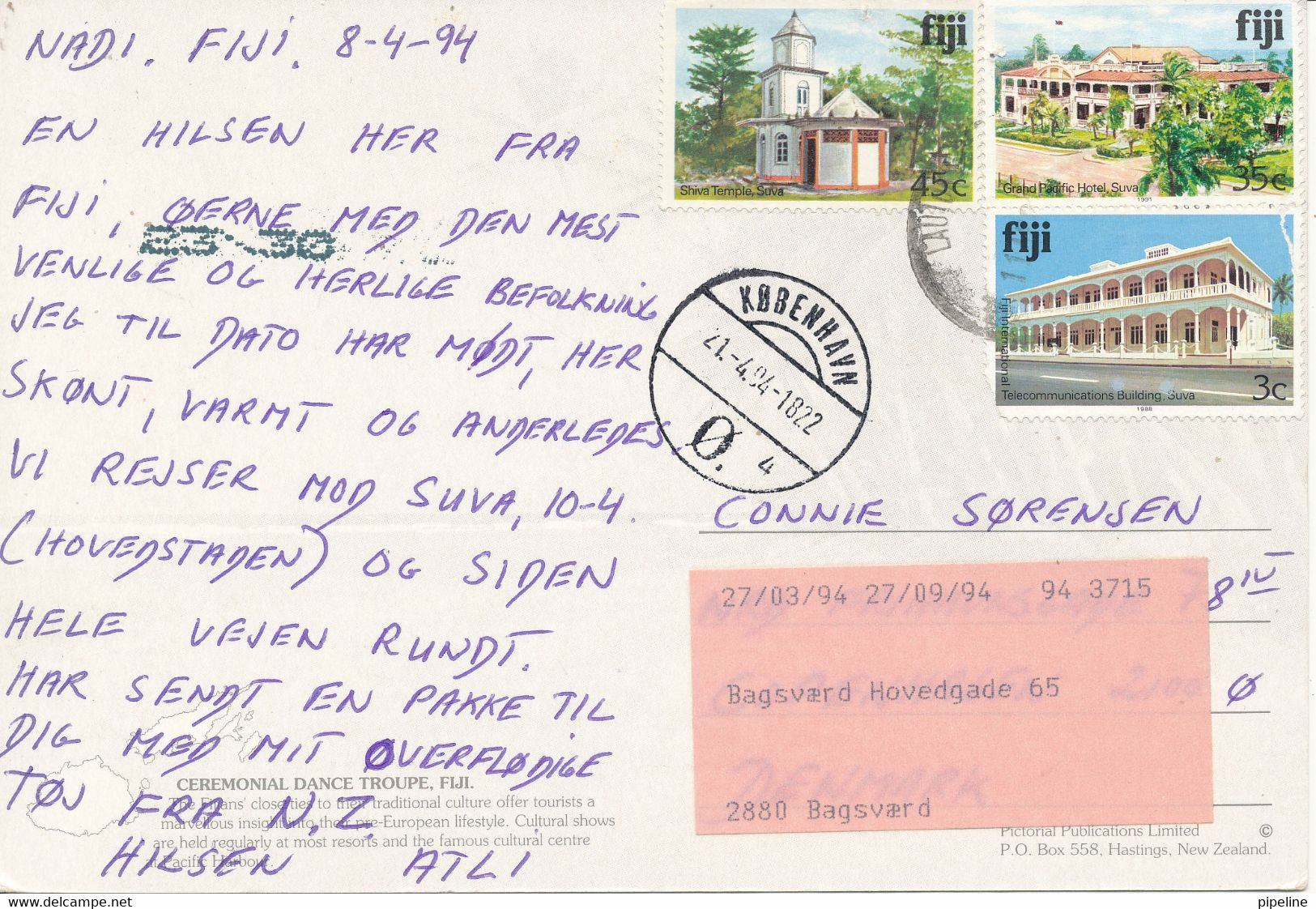 Fiji Postcard Sent To Denmark 8-4-1994 (Ceremonial Dance Troupe Fiji) - Fidji
