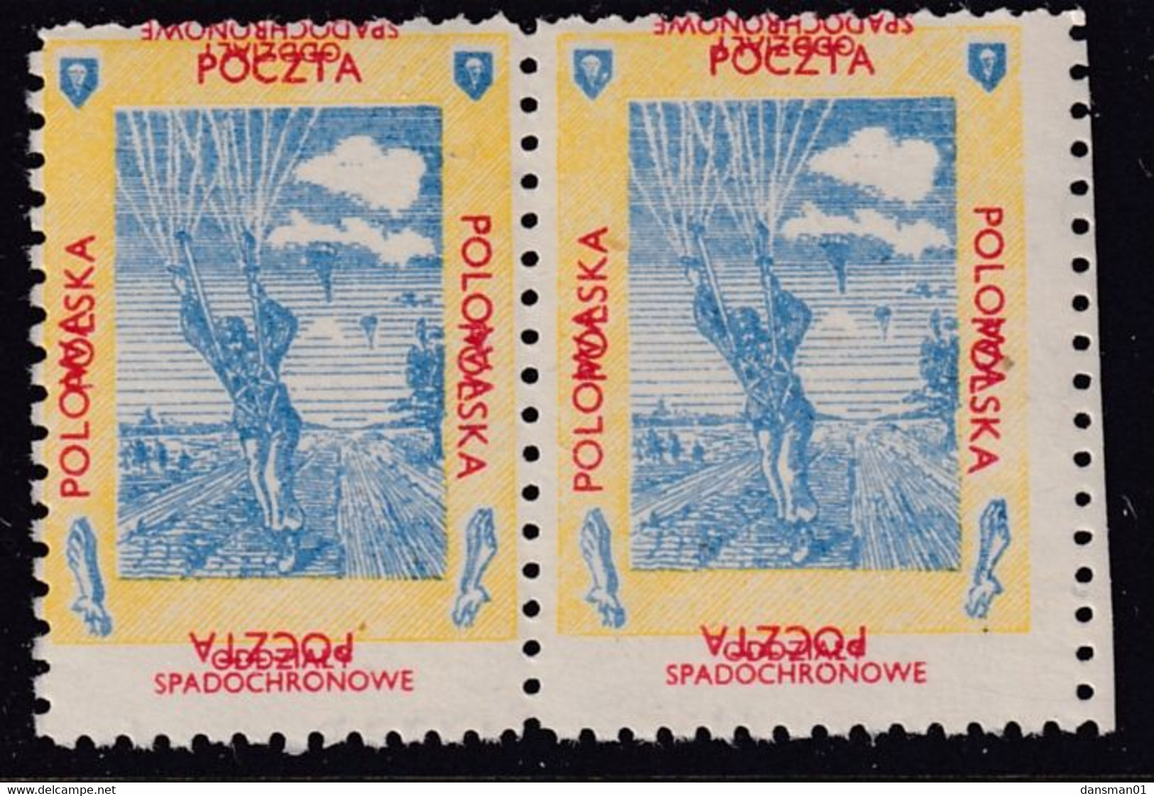 POLAND 1940's Poczta Polowa Fieldpost Label Parachutist Double Print - Andere & Zonder Classificatie