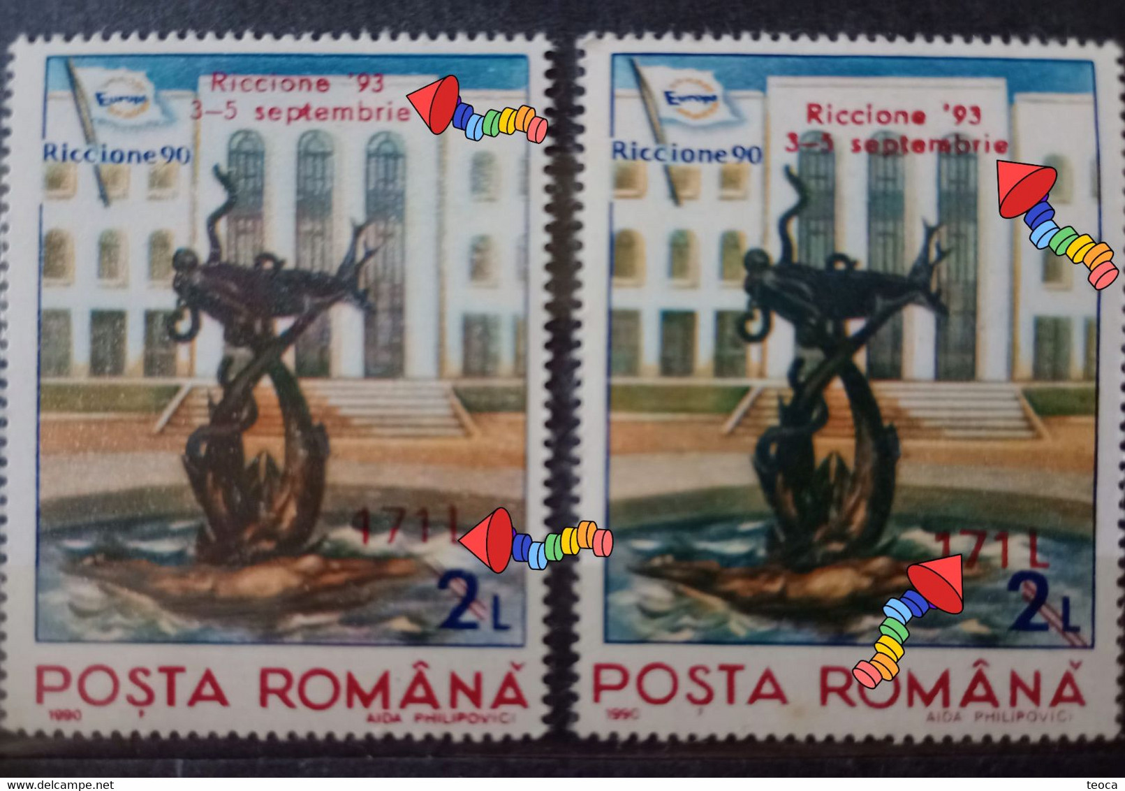 Stamps Errors Romania 1993, # Mi 4922 Printed With Misplaced Surcharge, DIFFERENT COLOR Unused Riccione - Varietà & Curiosità