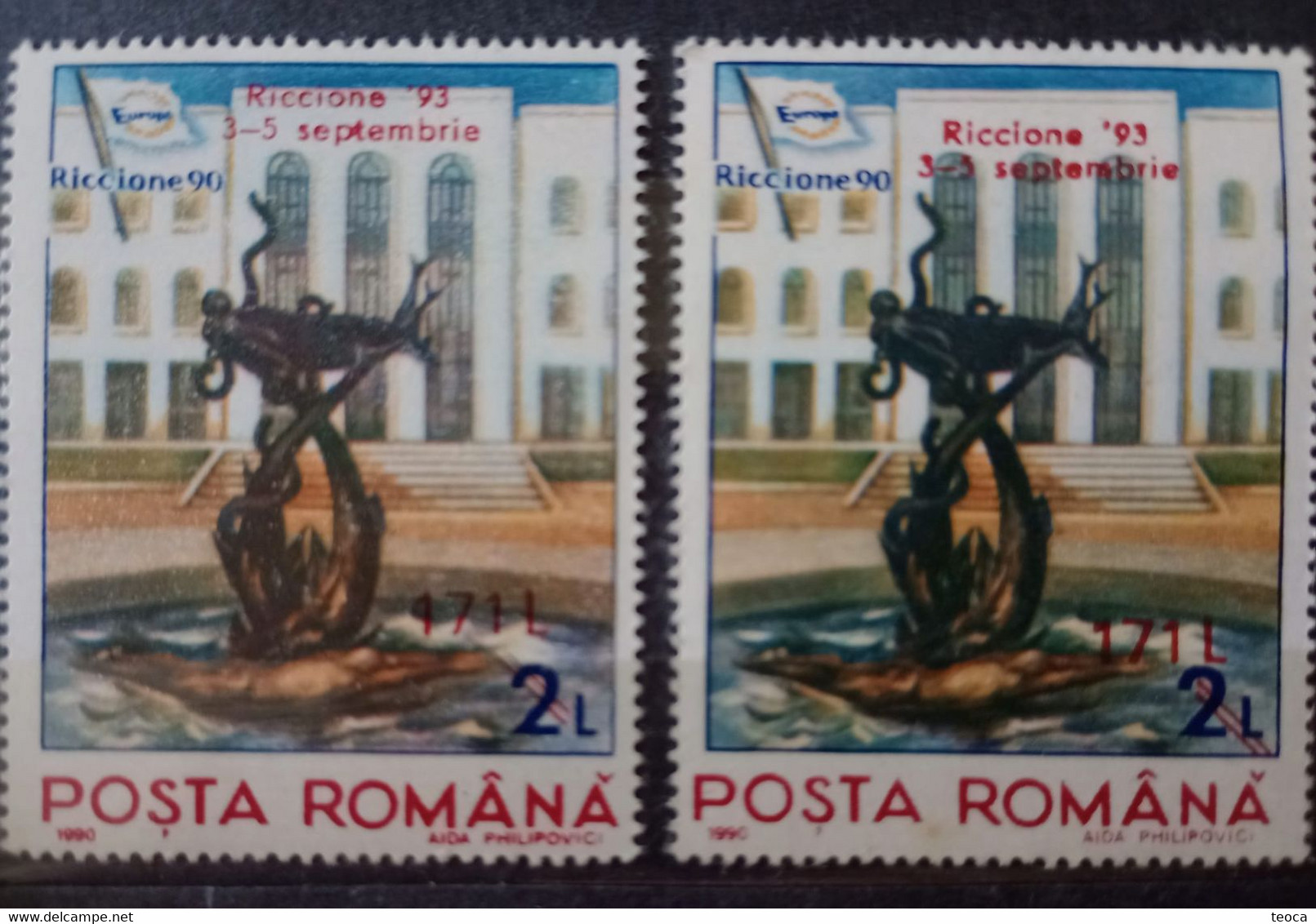 Stamps Errors Romania 1993, # Mi 4922 Printed With Misplaced Surcharge, DIFFERENT COLOR Unused Riccione - Variétés Et Curiosités
