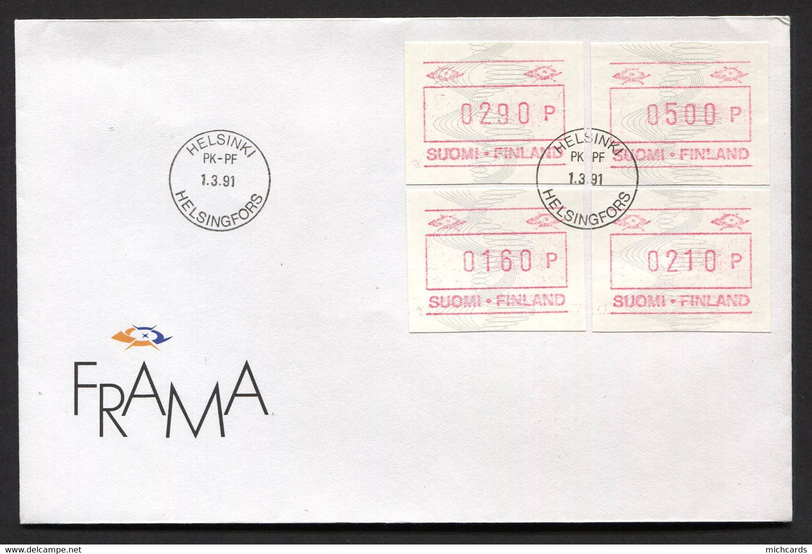 FINLANDE 1990 - Y&T 9b - Distributeur Sur Enveloppe - Obliteration Helsinki 1.9 91 - Briefe U. Dokumente