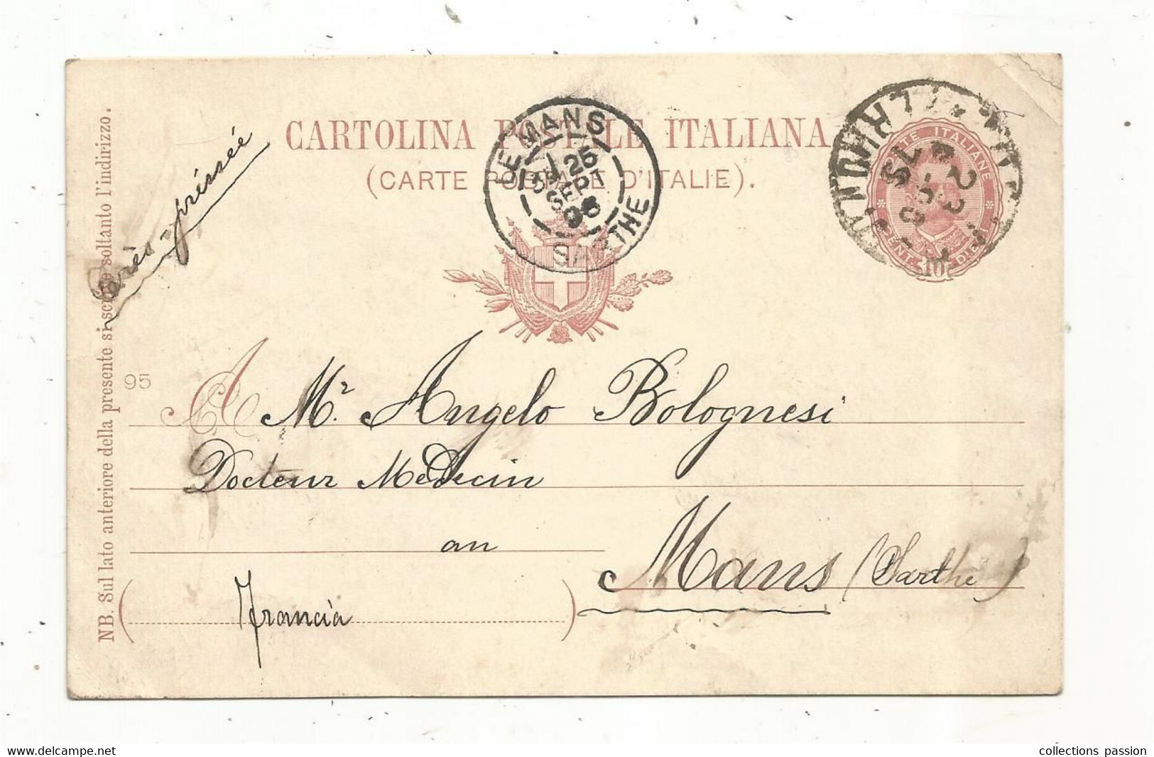 Entier Postal , Lettre, ITALIE, TORINO, FERROVIA , 1896, LE MANS , SARTHE , 4 Scans - Frankeermachines (EMA)
