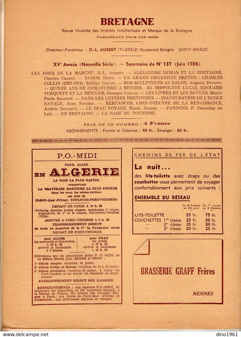 VP20.351 - SAINT - BRIEUC X RENNES 1936 - Revue Mensuelle / Bretagne / Directeur - Fondateur O,- L. AUBERT - 1900 - 1949