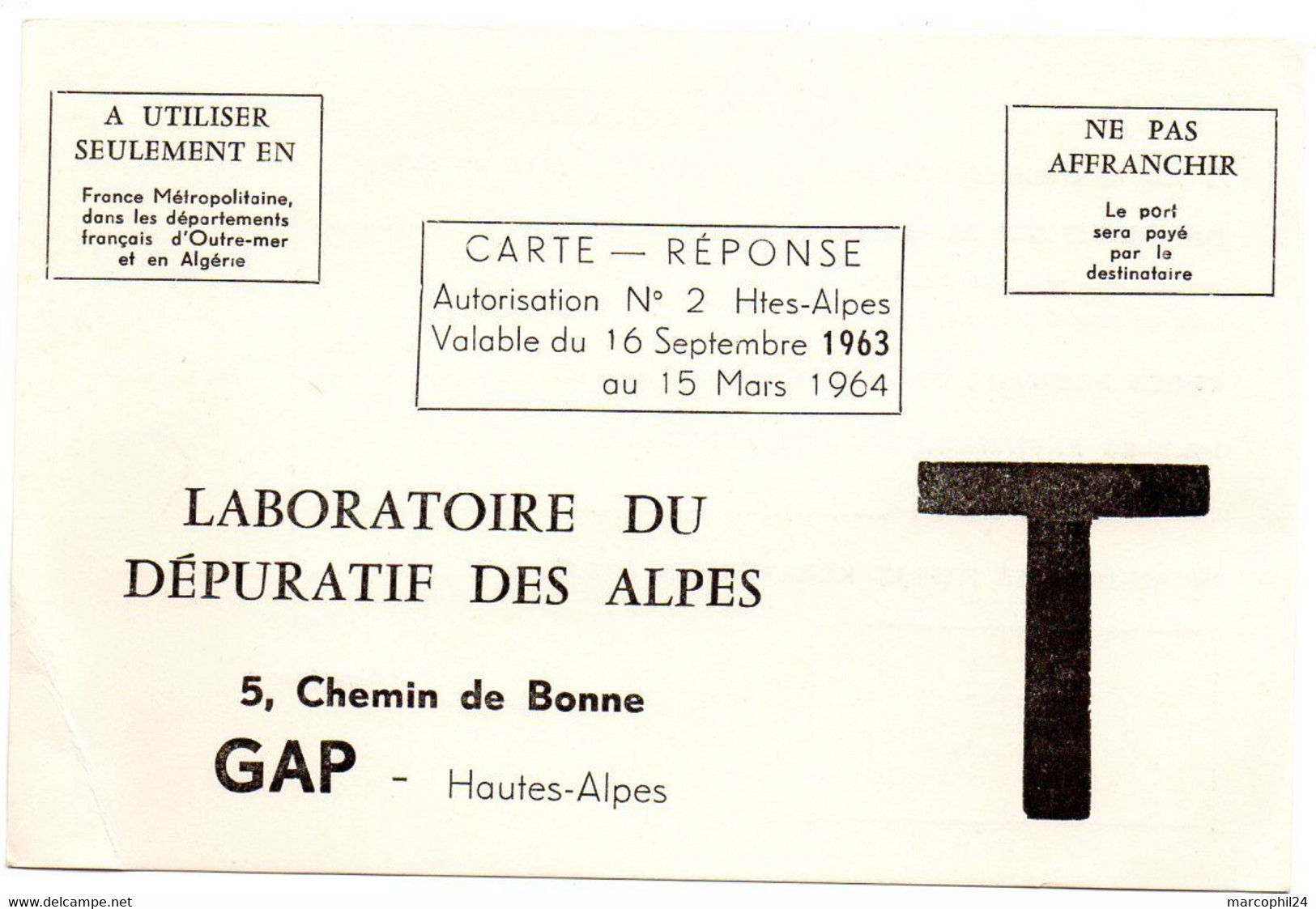 ALPES Hautes - Dépt N° 05 = GAP 1964 = CARTE REPONSE T  ' LABORATOIRE Du DEPURATIF ' - Karten/Antwortumschläge T