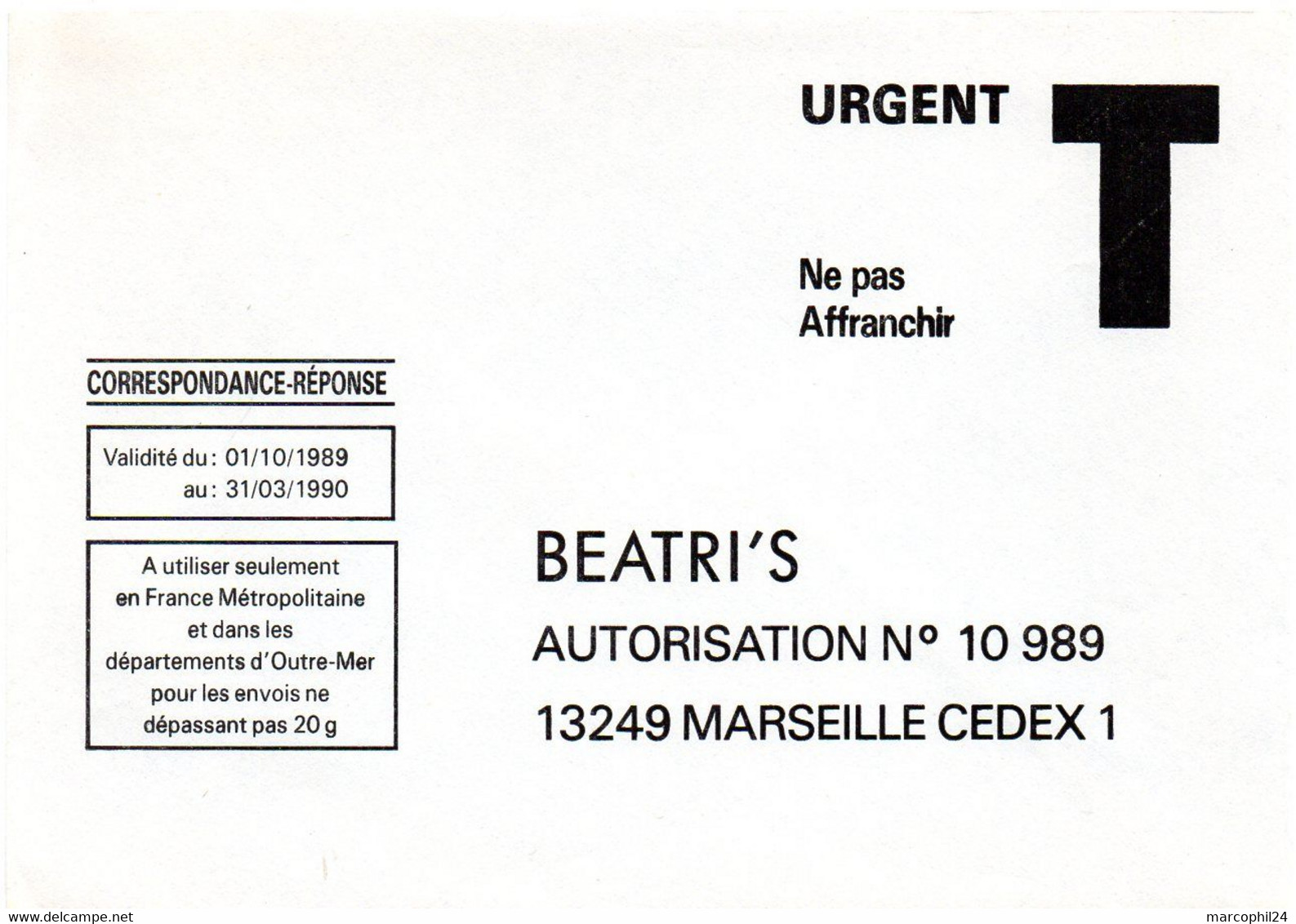 BOUCHES Du RHONE - Dépt N° 13 = MARSEILLE 1990 = CORRESPONDANCE REPONSE T  ' BEATRI'S ' - Cartes/Enveloppes Réponse T