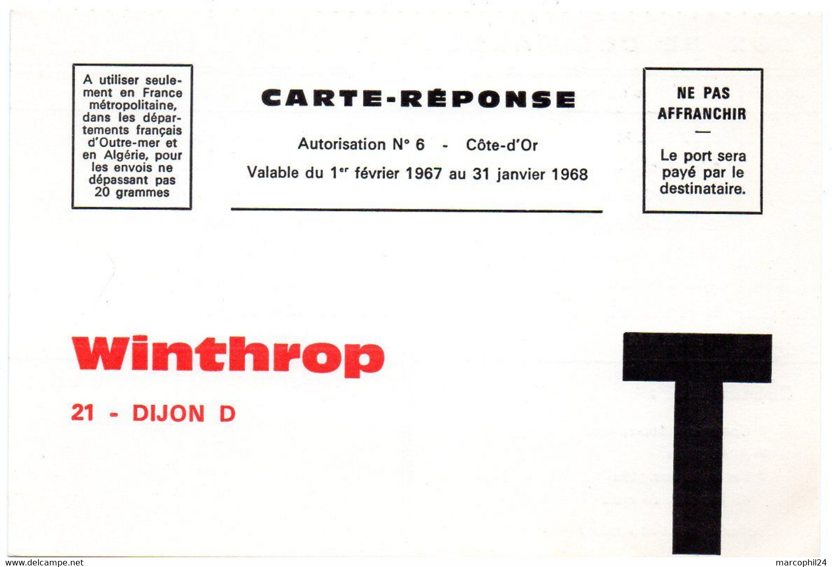 COTE D'OR - Dépt N° 21 = DIJON 1968 = CARTE REPONSE T ' WINTHROP ' - Cartes/Enveloppes Réponse T