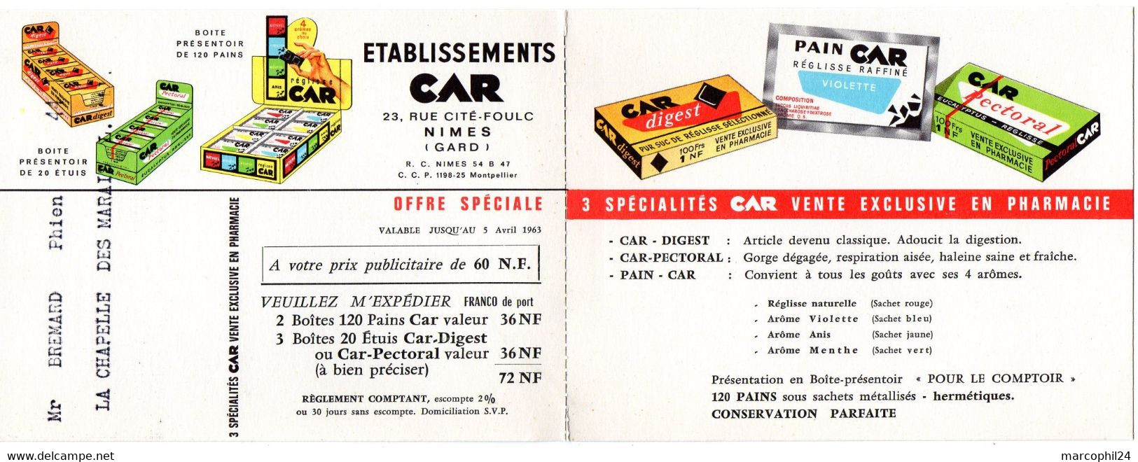 GARD - Dépt N° 30 = NIMES 1963 = CARTE REPONSE T  ' ETABLISSEMENTS CAR ' + PRESENTOIR REGLISSE - Cartes/Enveloppes Réponse T