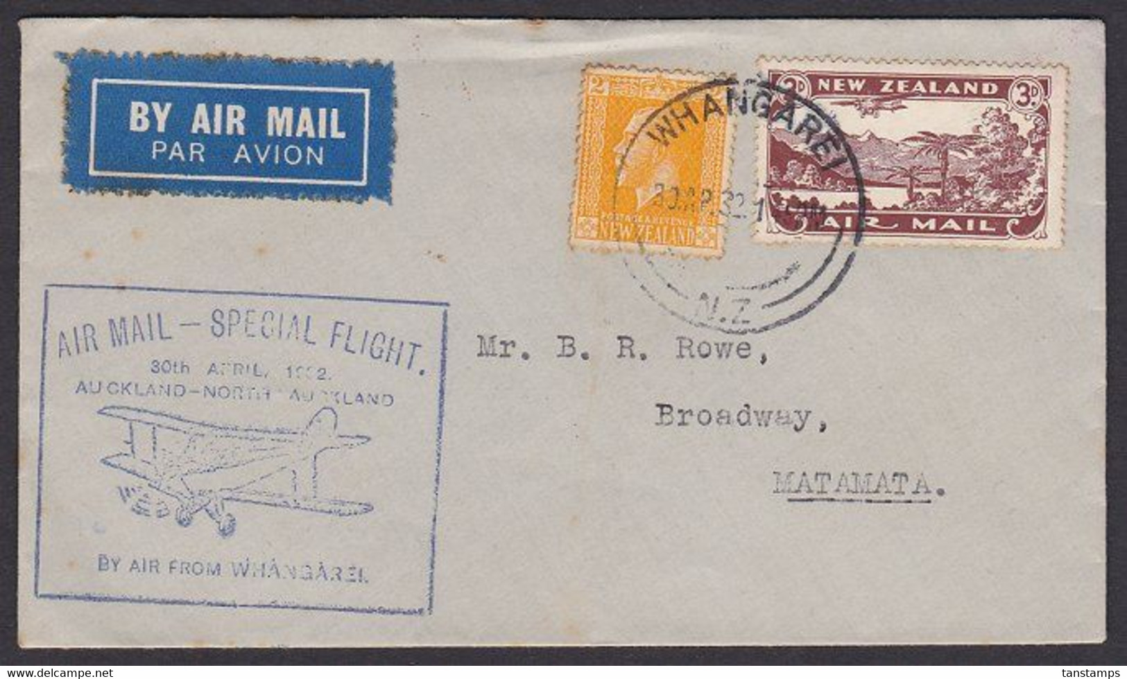 SPECIAL FLIGHT COVER WHANGAREI - AUCKLAND APRIL 1932 - Luftpost