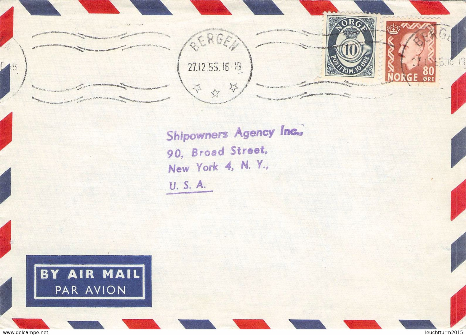 NORWAY - AIRMAIL 1955 BERGEN > NEW YORK / ZC129 - Cartas & Documentos