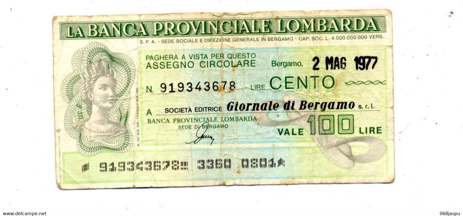 Billet De 100 Lires Banque Lombardie - Autres & Non Classés