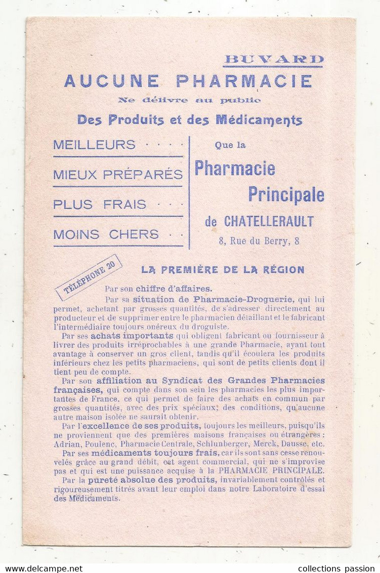 Buvard, Pharmacie PRINCIPALE DE CHATELLERAULT,8 Rue Du BERRY, 2 Scans, Frais Fr 1.95 E - Produits Pharmaceutiques