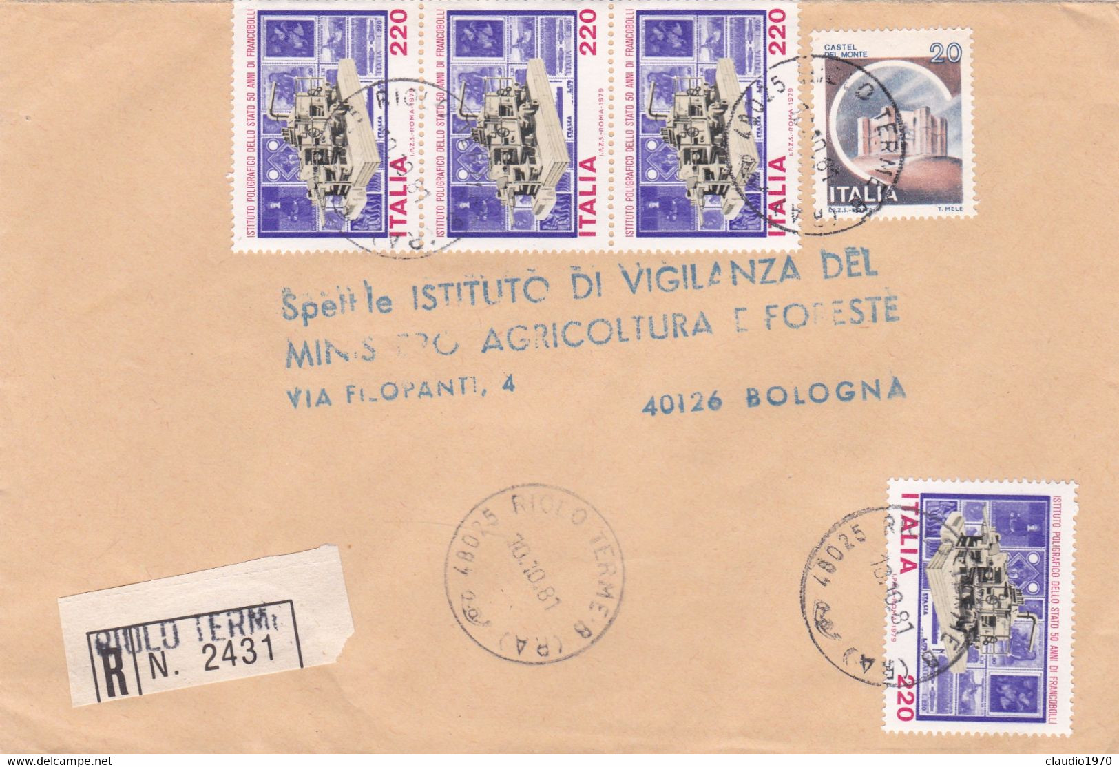 ITALIA - REPUBBLICA  - RIOLO TERME (RA) -  BUSTA RACCOMANDATA- VIAGGIATA  PER BOLOGNA - 1981-90: Storia Postale