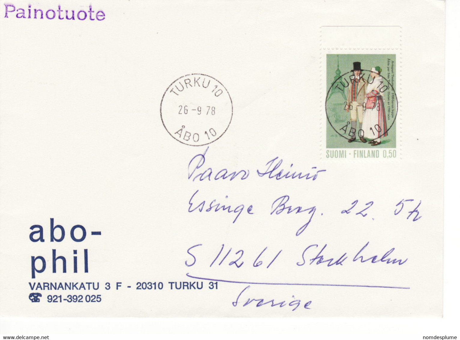 7249) Finland Cover 1978 Abo-phil To Sweden - Storia Postale