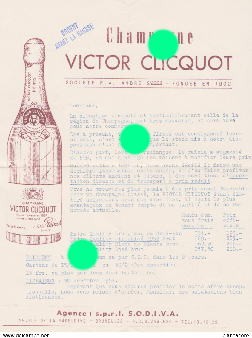 Champagne Victor Clicquot à Reims Agence S.O.D.I.V.A. Rue De La Madeleine à Bruxelles - Lebensmittel