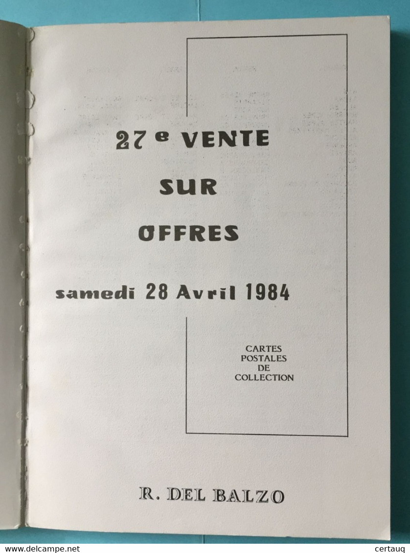 Catalogue Del Balzo - 27° Vente Sur Offre - Avril 1984 - Books & Catalogues