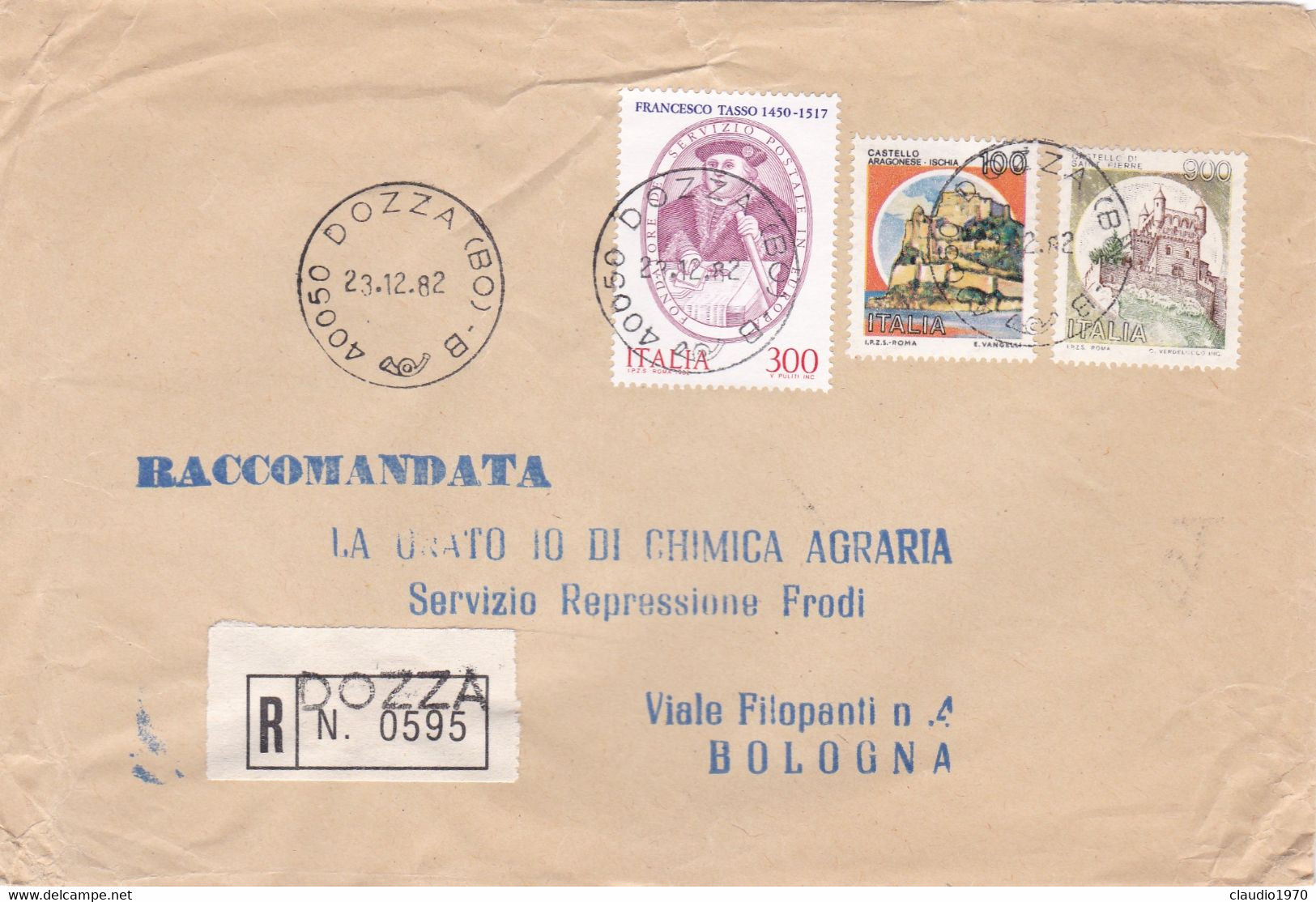 ITALIA - REPUBBLICA  - DOZZA (BOLOGNA)  BUSTA RACCOMANDATA- VIAGGIATA  PER BOLOGNA - 1981-90: Storia Postale