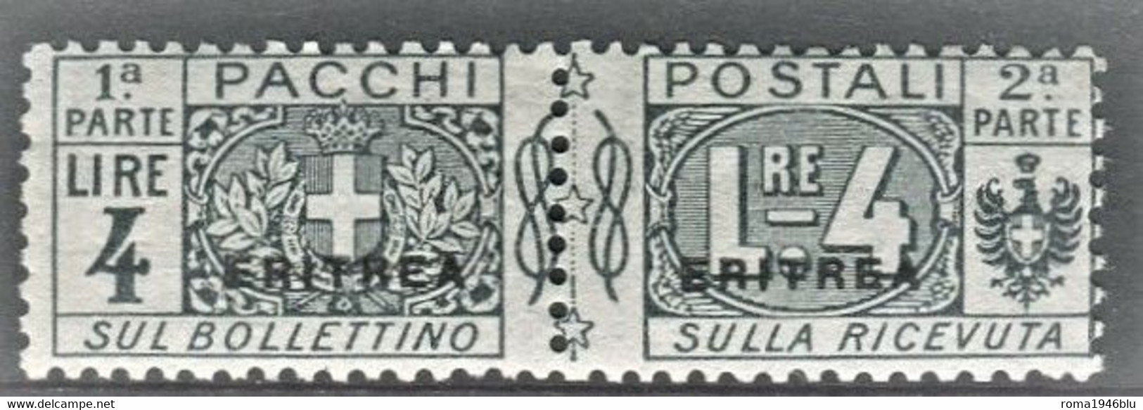 ERITREA 1916 PACCHI POSTALI 4 LIRE SASSONE N. 8 ** MNH LUSSO C. DIENA - Eritrea