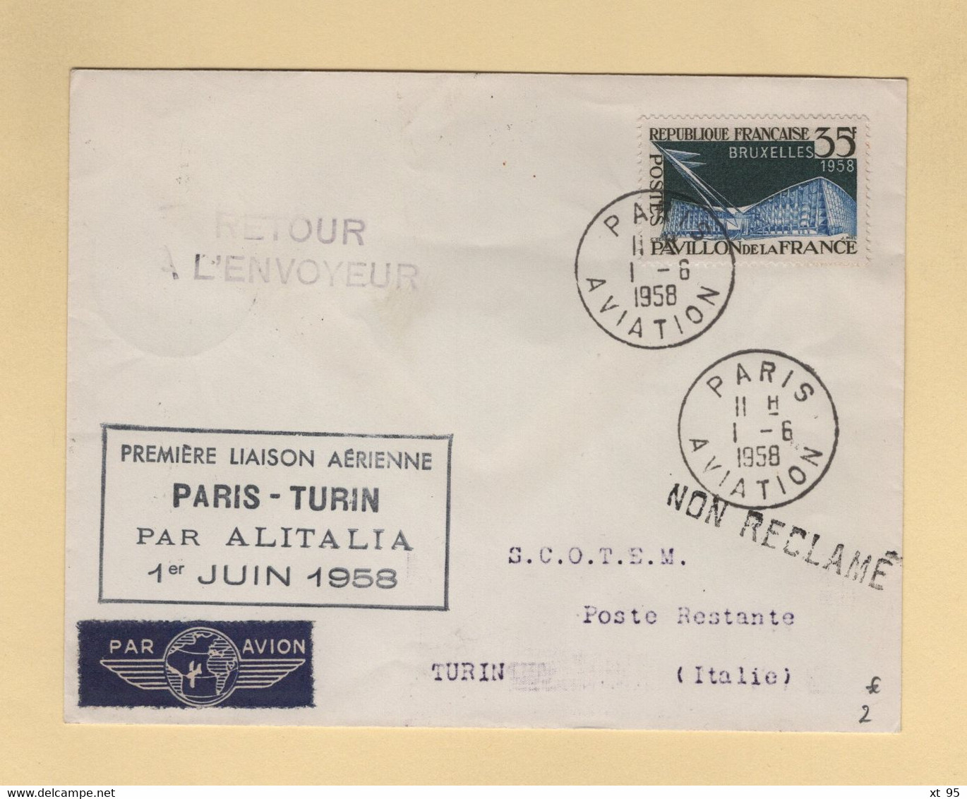 Premiere Liaison Aerienne Paris Turin - 1-6-1958 - First Flight Covers