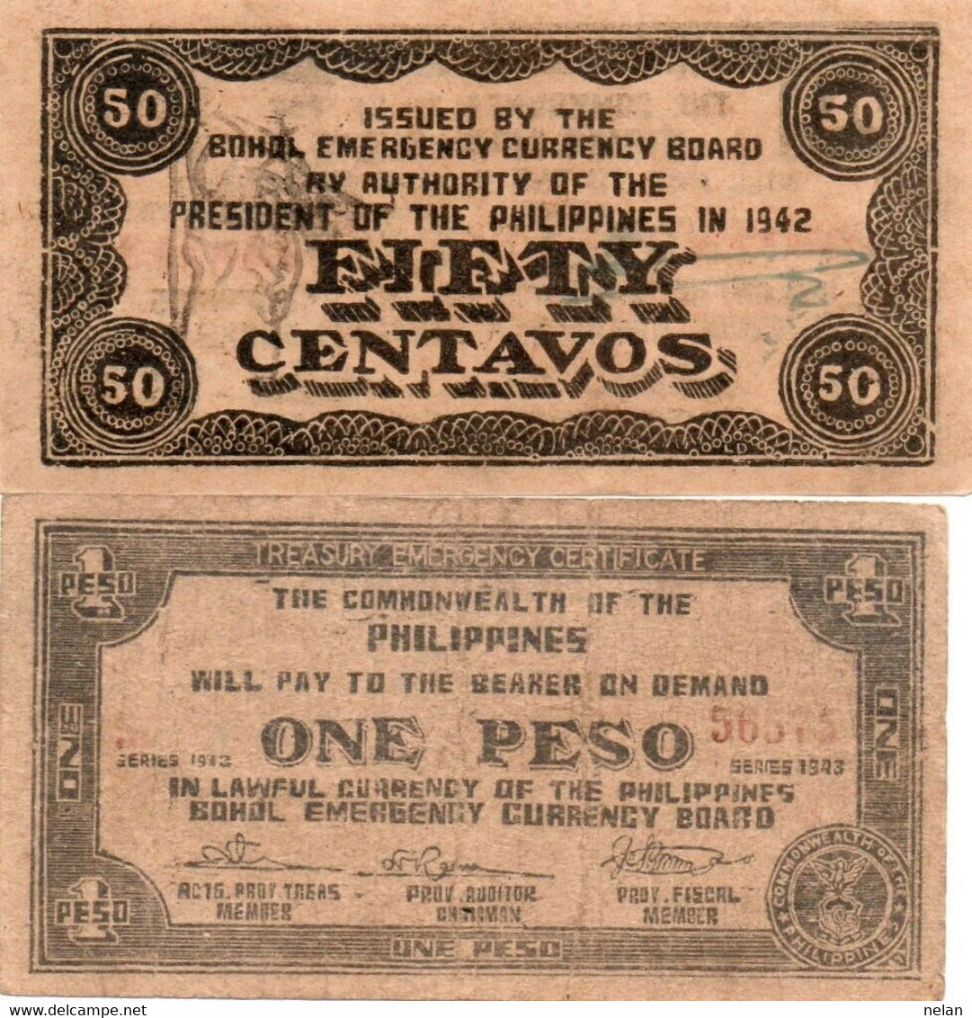 LOTTO 0,50,10 PESOS-PHILIPPINES-BOHOL EMERGENCY CURRENCY BOARD-1942 - VF - UNC - Philippines