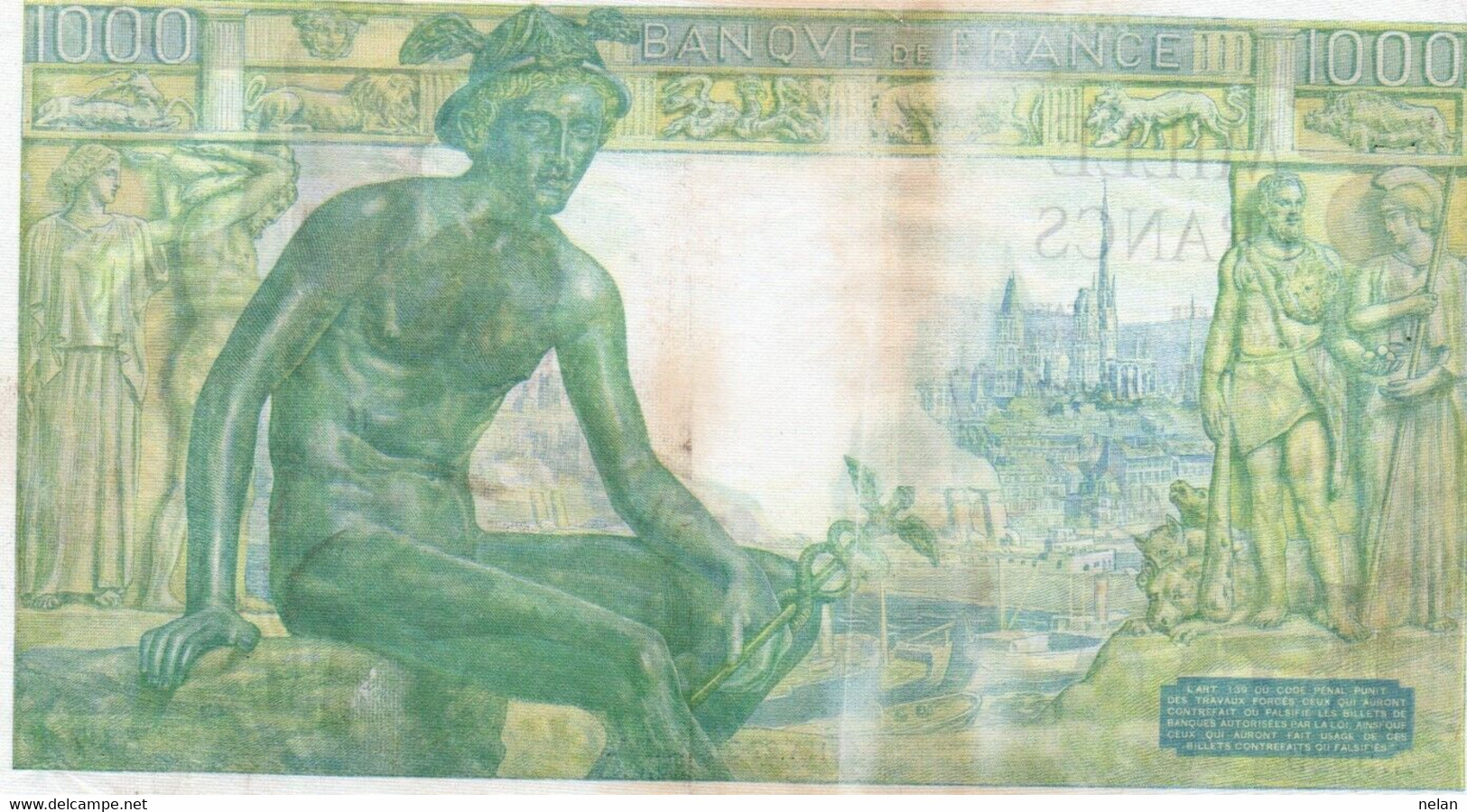 FRANCIA-1000 FRANCS 1943 VF- P-102 - 1 000 F 1942-1943 ''Déesse Déméter''