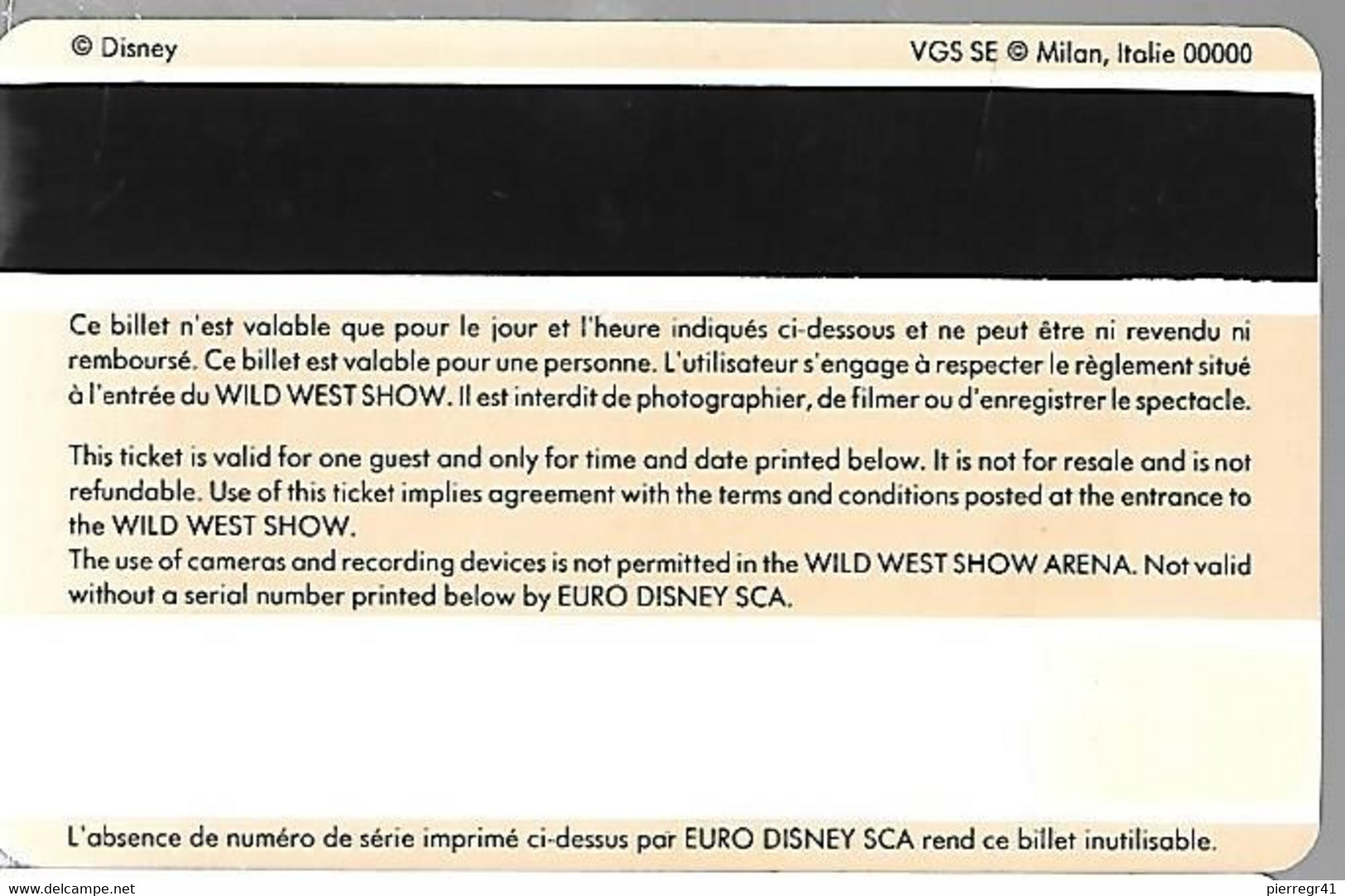 DISNEY-PASS SPECTACLE-BUFFALO BILLS- V° VGS 00000-TBE - Disney Passports