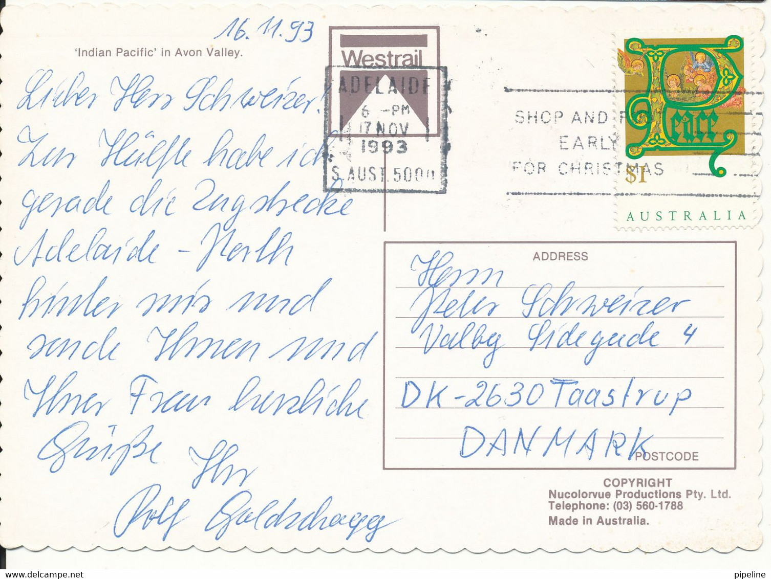 Australia Postcard Sent To Denmark 17-11-1993 (Indian Pacific In Avon Valley) - Otros & Sin Clasificación