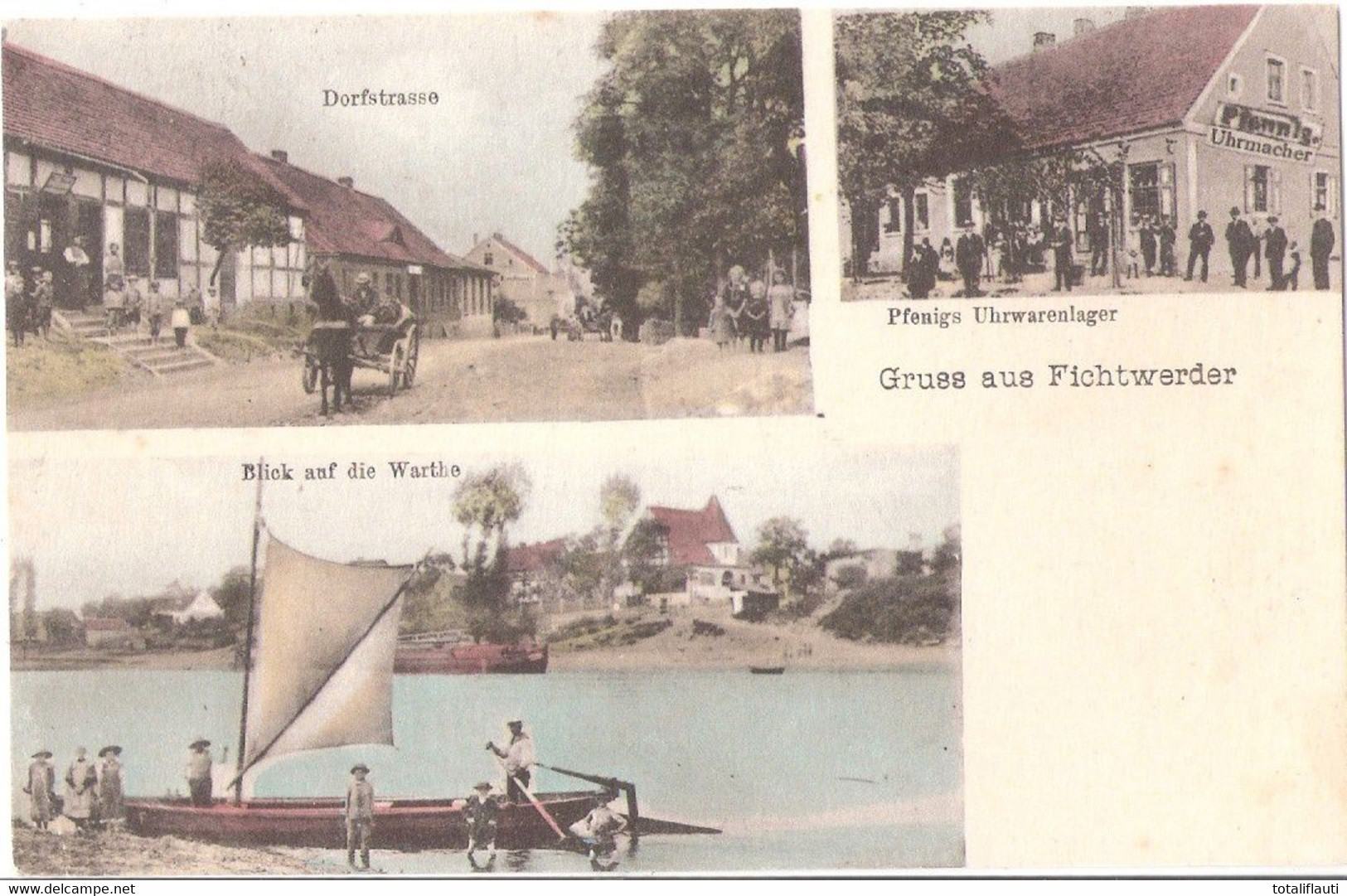 FICHTWERDER Color Lichtdruck Fischer An Der Warthe Straße Pferde Kutsche Uhrmacher Gelaufen Bahnpost 6.7.1910 TOPO-Erhal - Neumark