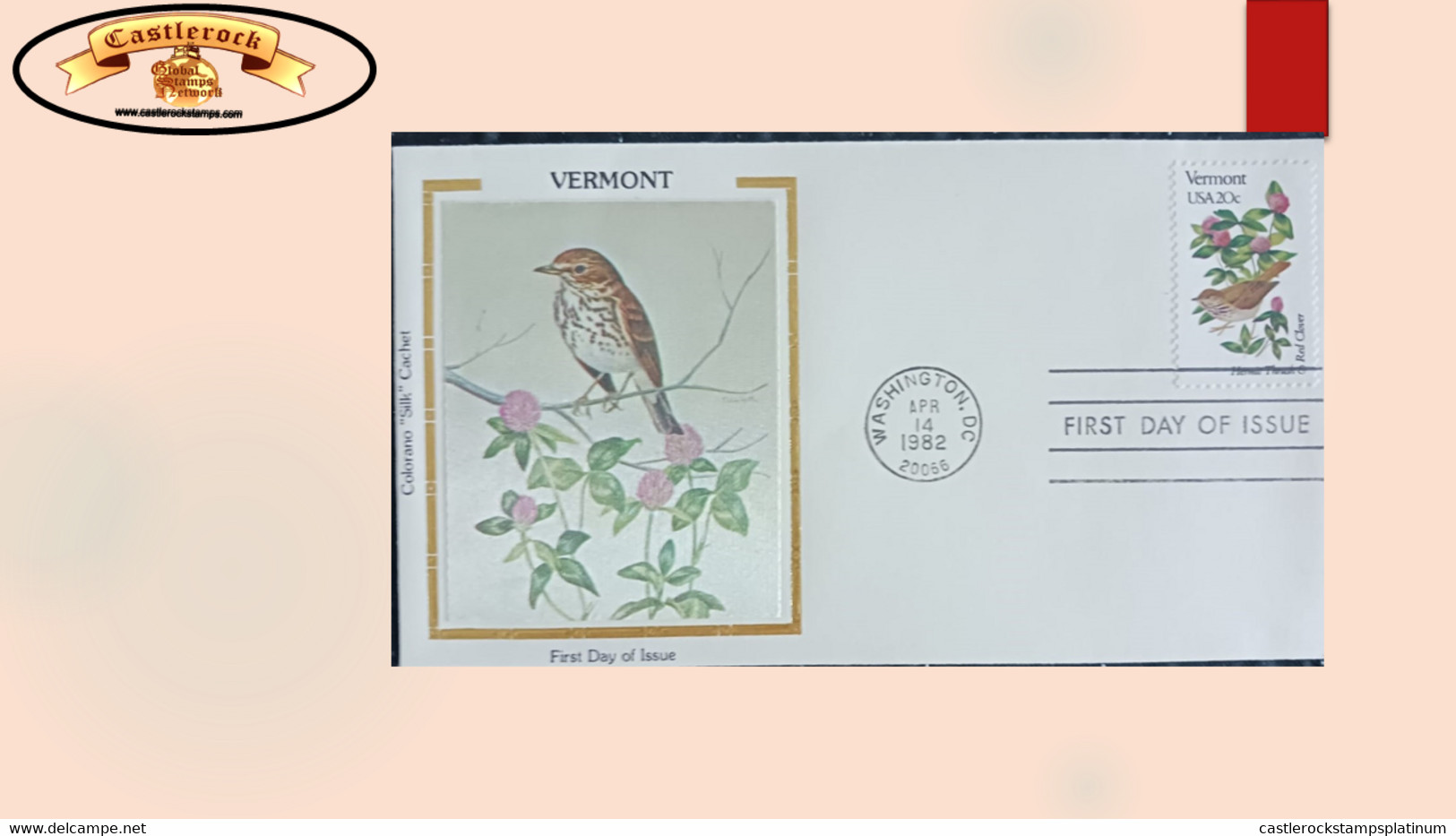 O) 1982 UNITED STATES - USA, VERMONT, FLOWER AND BIRD, CLAVER, SILK, FDC XF - 1981-1990