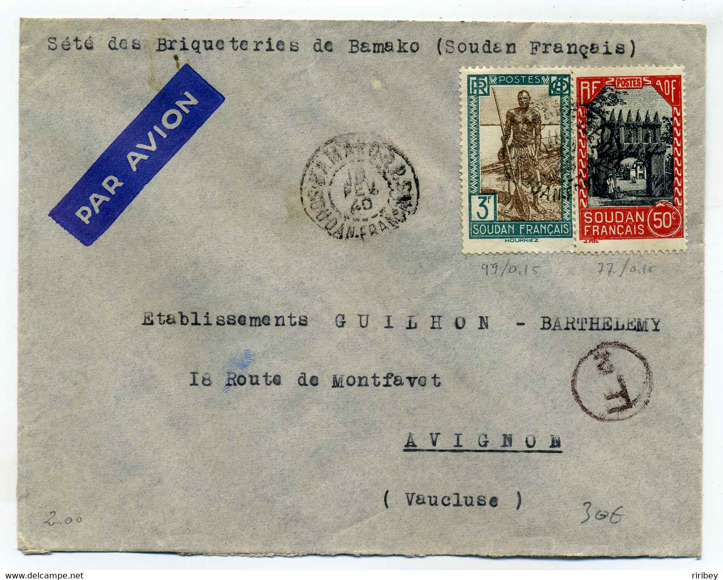 Lettre Par Avion De BAMAKO Pour AVIGNON / Soudan Français / 1940 / Société De Briqueteries - Storia Postale