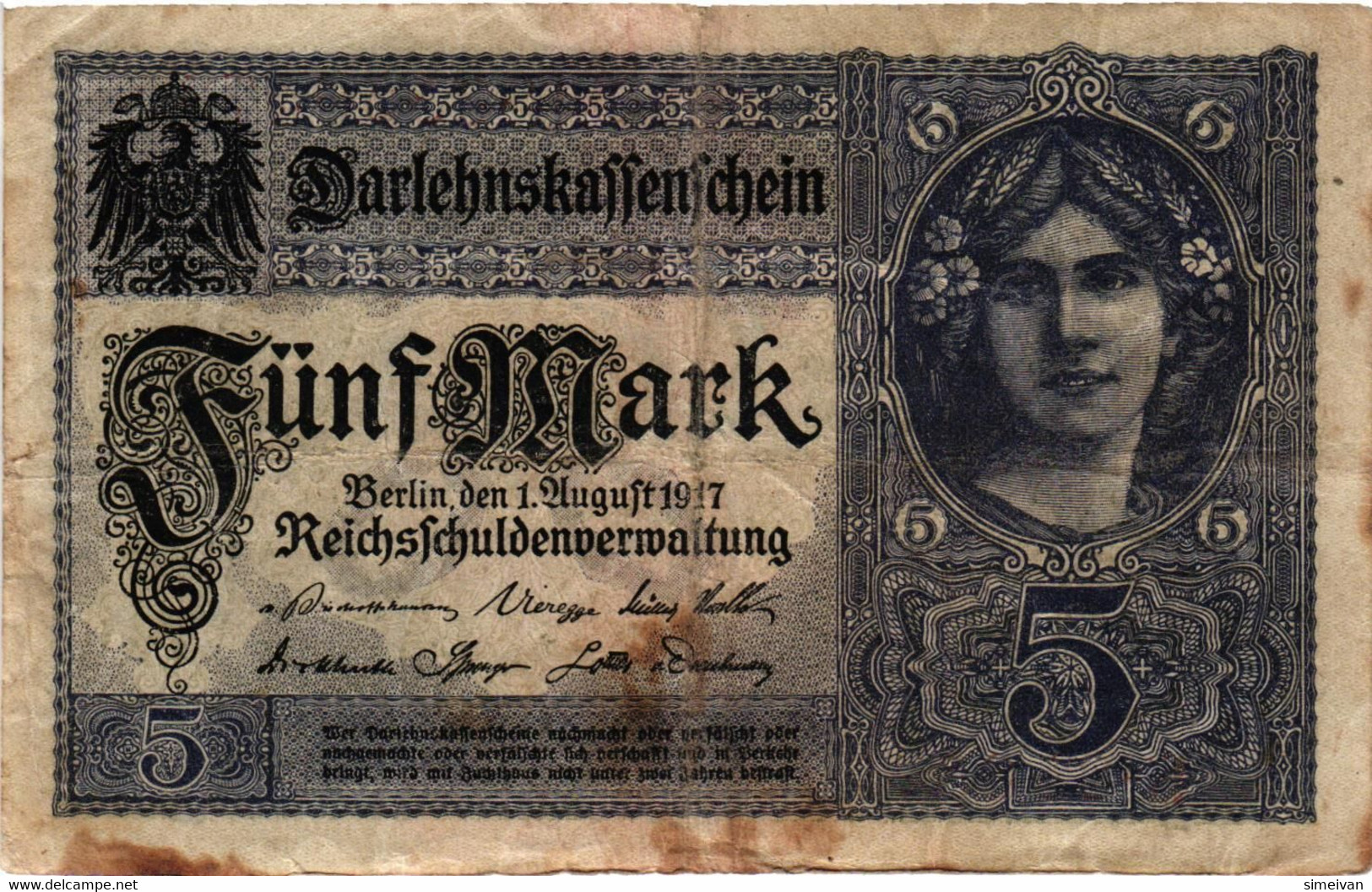 Germany 5 Mark 1917 P-56a  Deutschland Allemagne  #4359 - 5 Mark