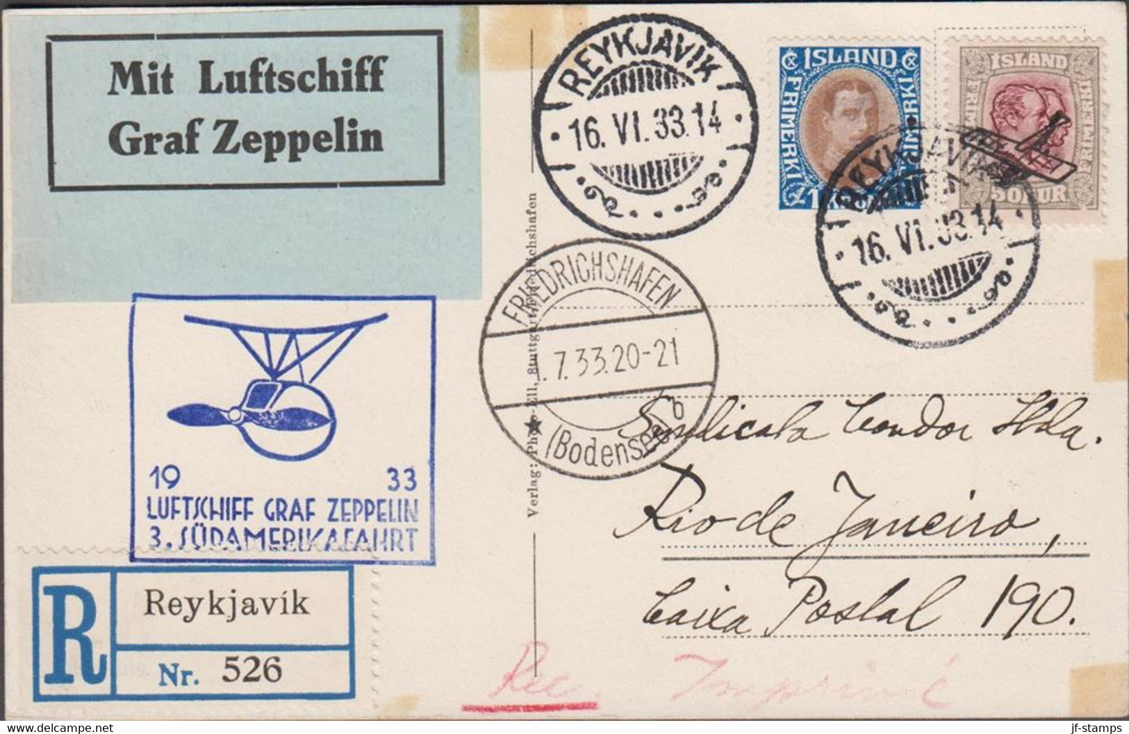 1933. ISLAND. LUFTSCHIFF GRAF ZEPPELIN 3. SÜDAMERIKAFAHRT. Transit Cancel FRIEDRICHSHAF... (MICHEL 123 + 165) - JF524312 - Briefe U. Dokumente