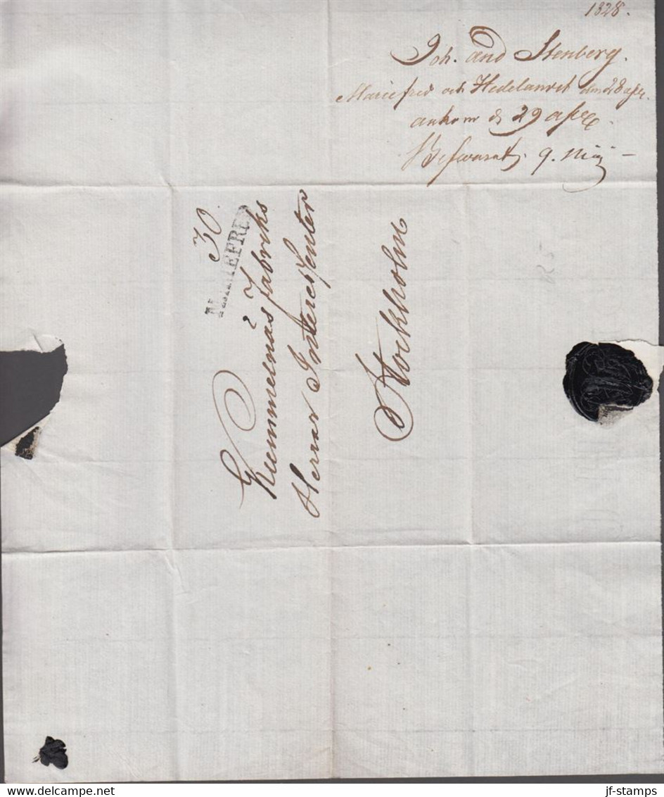 1828. SVERIGE. MARIEFRED  On Beautiful Cover To Stockholm. Red Seal Reverse. Dated Mariefred Den 29 April ... - JF524323 - ... - 1855 Préphilatélie