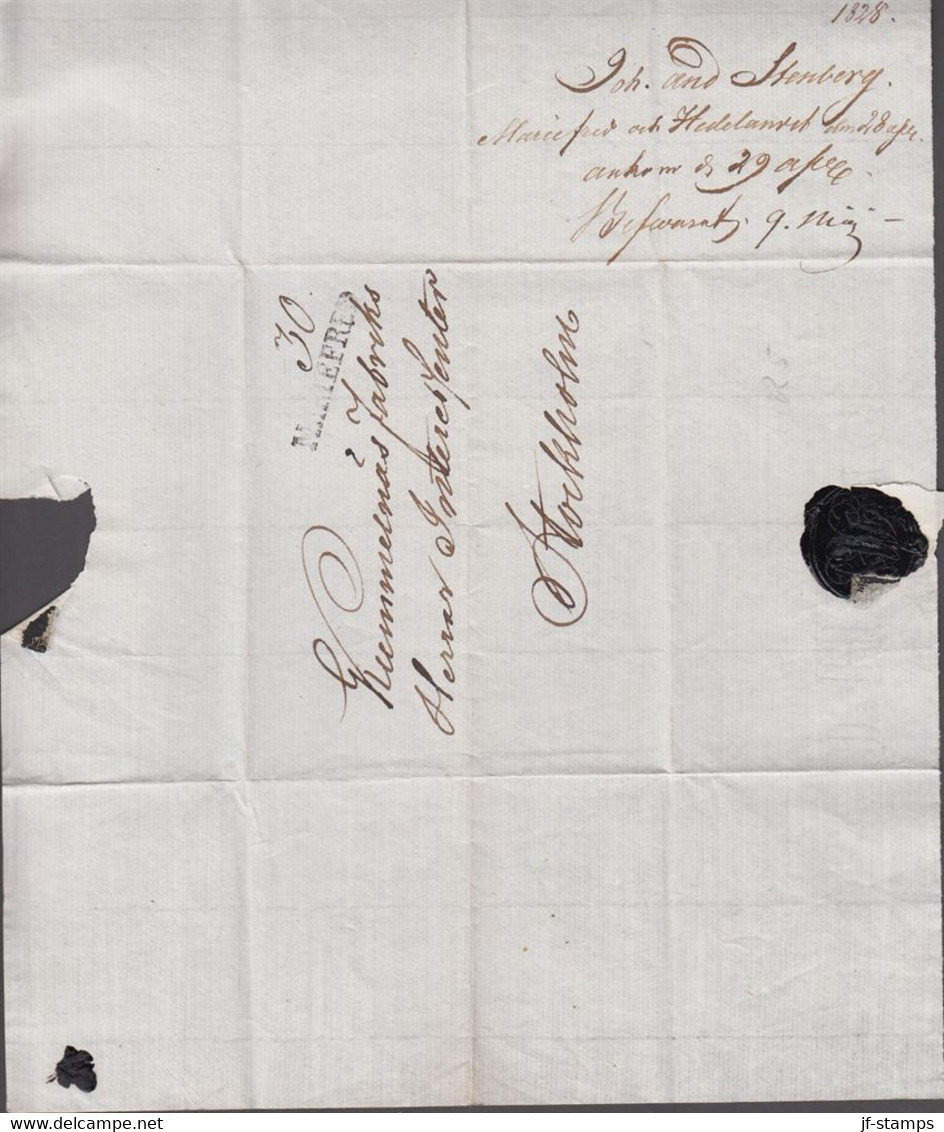 1828. SVERIGE. MARIEFRED  On Beautiful Cover To Stockholm. Red Seal Reverse. Dated Mariefred Den 29 April ... - JF524323 - ... - 1855 Prefilatelia