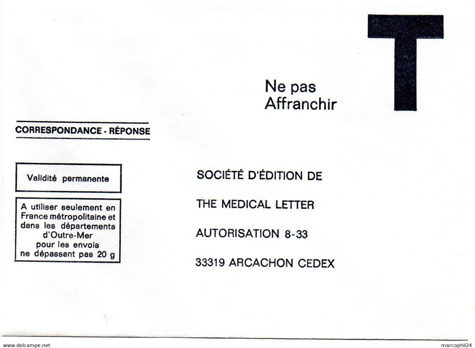 GIRONDE - Dépt N° 33 = ARCACHON = CORRESPONDANCE REPONSE T ' EDITION MEDICAL CENTER ' - Cartes/Enveloppes Réponse T