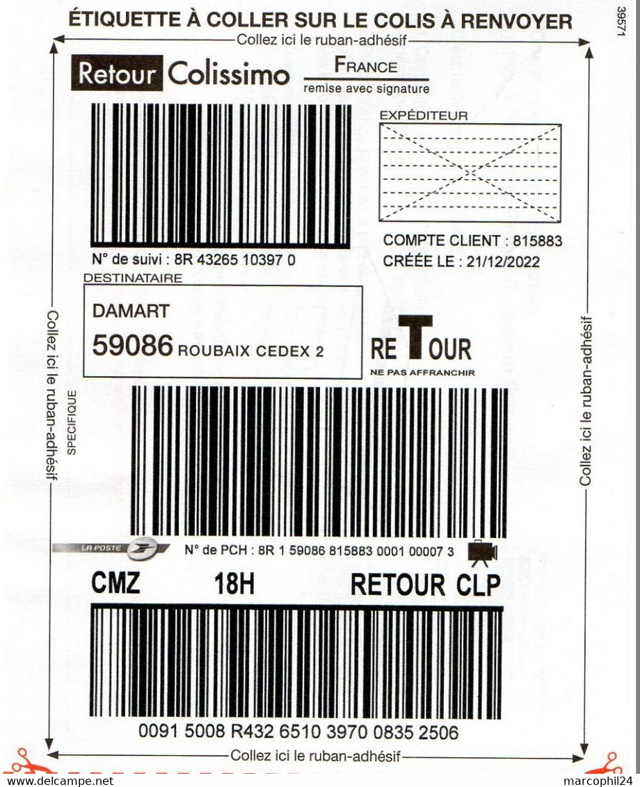 NORD - Dépt N° 59 = ROUBAIX = ETIQUETTE RETOUR T  ' DAMART ' - Cartes/Enveloppes Réponse T