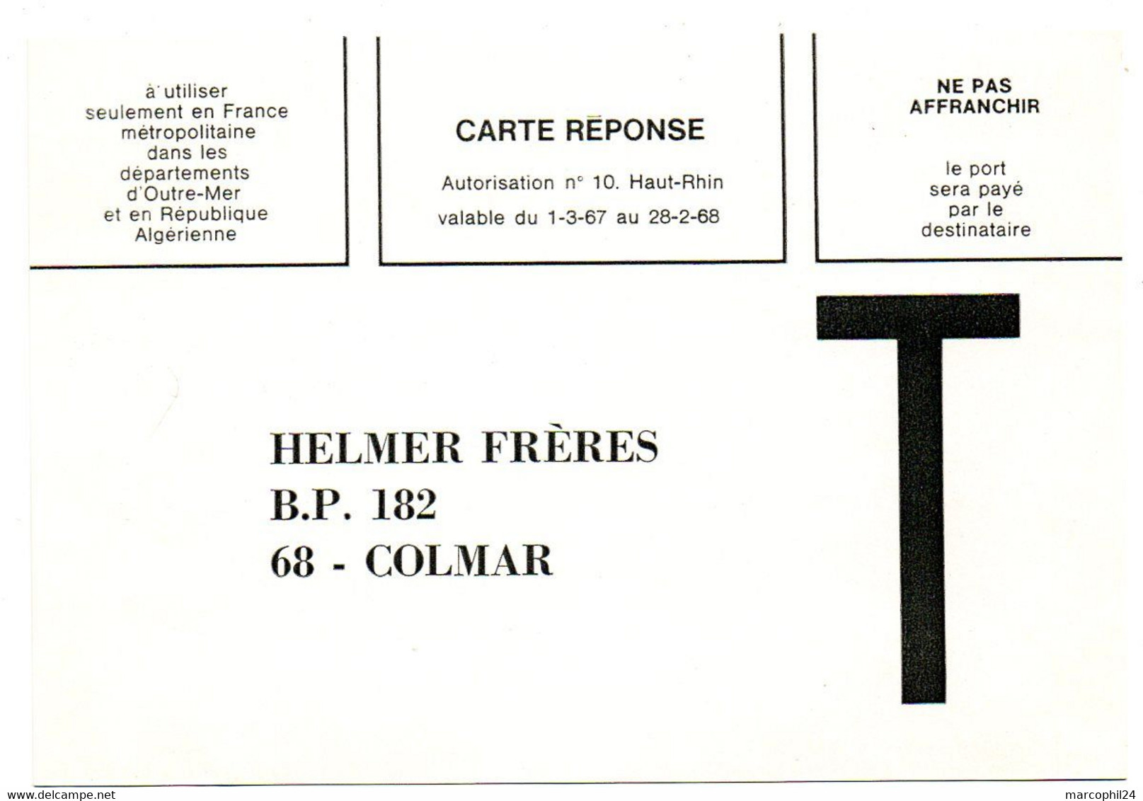 RHIN / Haut - Dépt N° 68 = COLMAR 1968 = CARTE REPONSE T  ' HELMER FRERES + FEM KLEEN' - Cartes/Enveloppes Réponse T